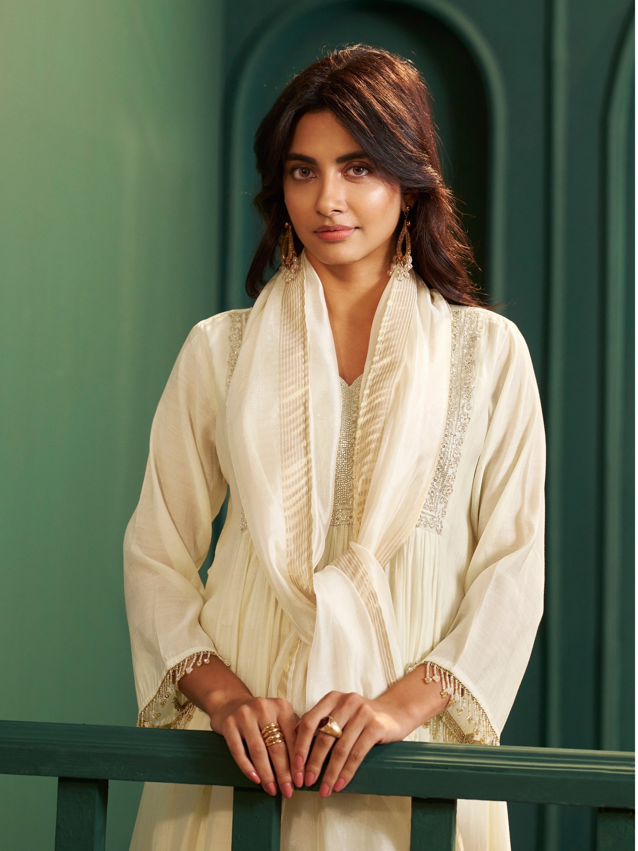 Shubhra White Chanderi Bead Work Suit Set