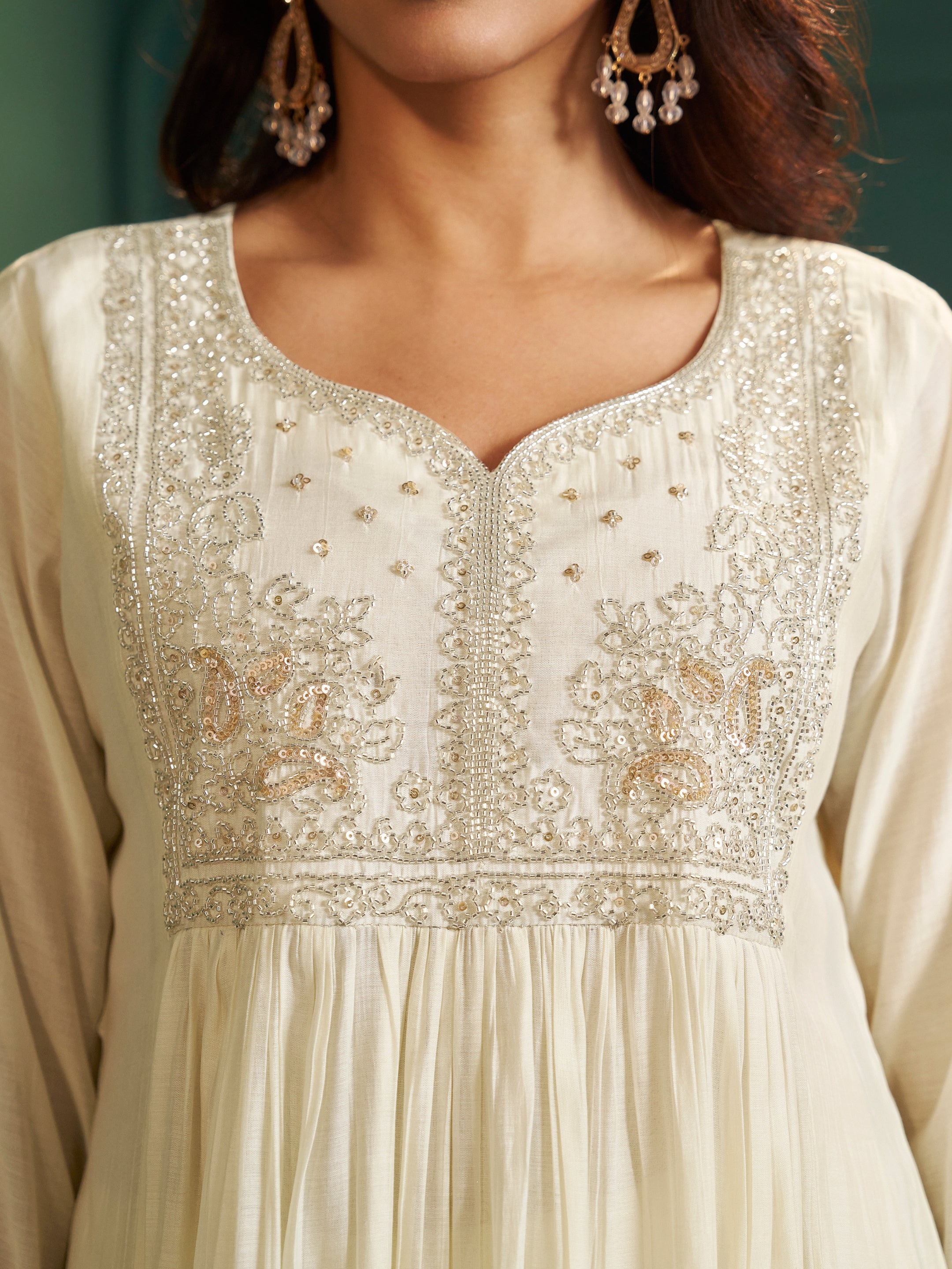 Shubhra White Chanderi Bead Work Suit Set