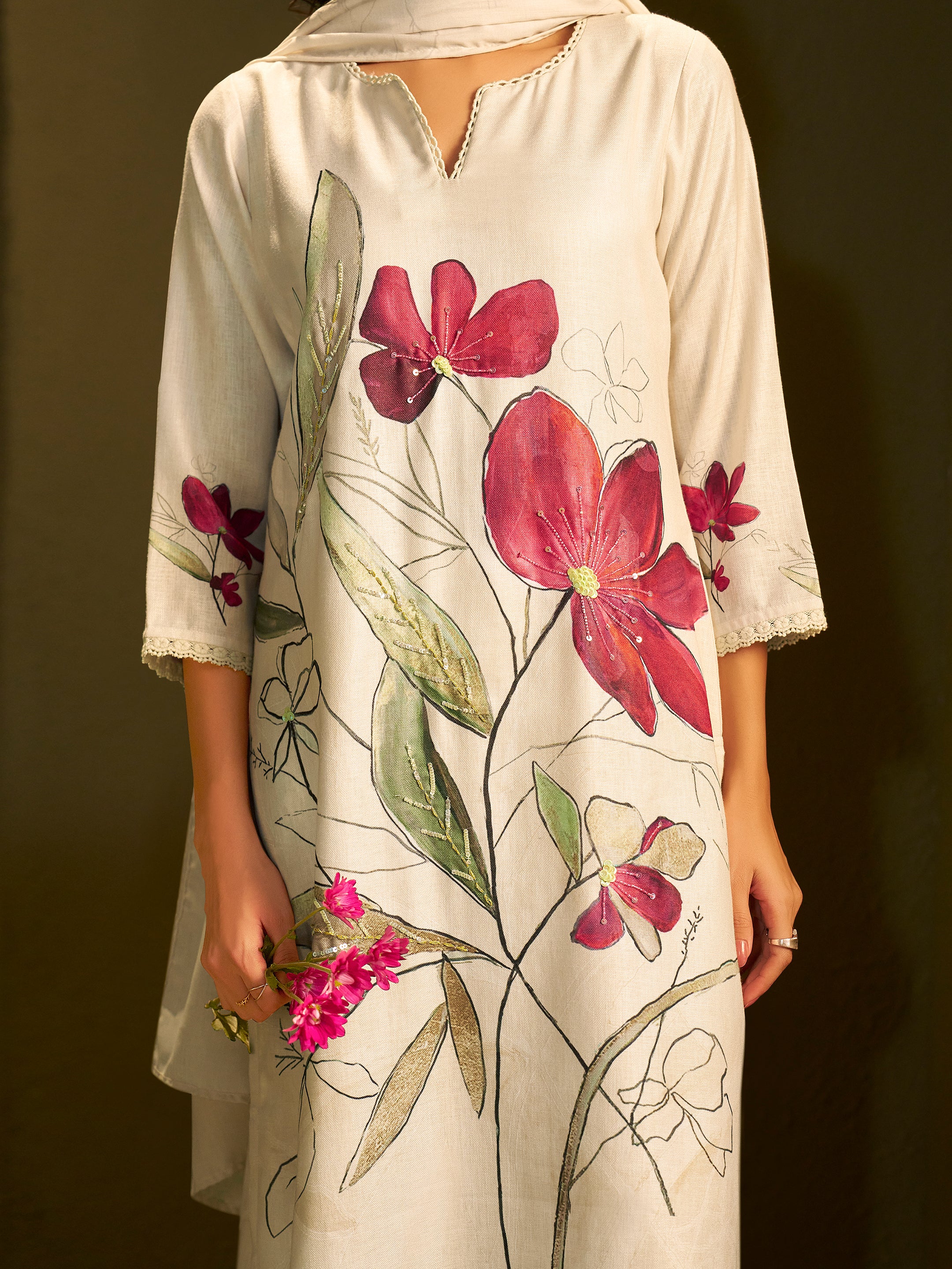 Keya White Linen Printed Set