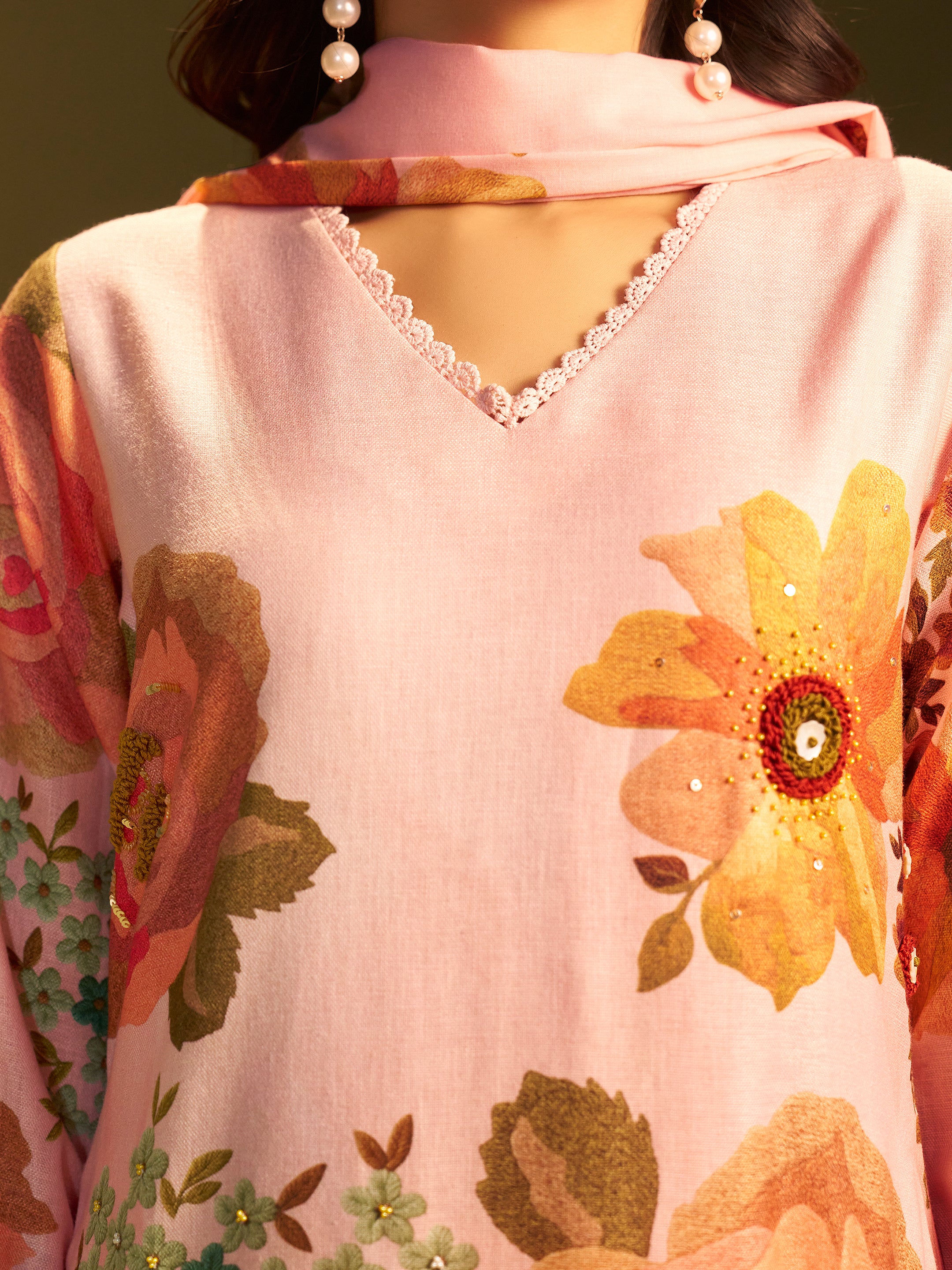 Tanvi Pink Linen Printed Set