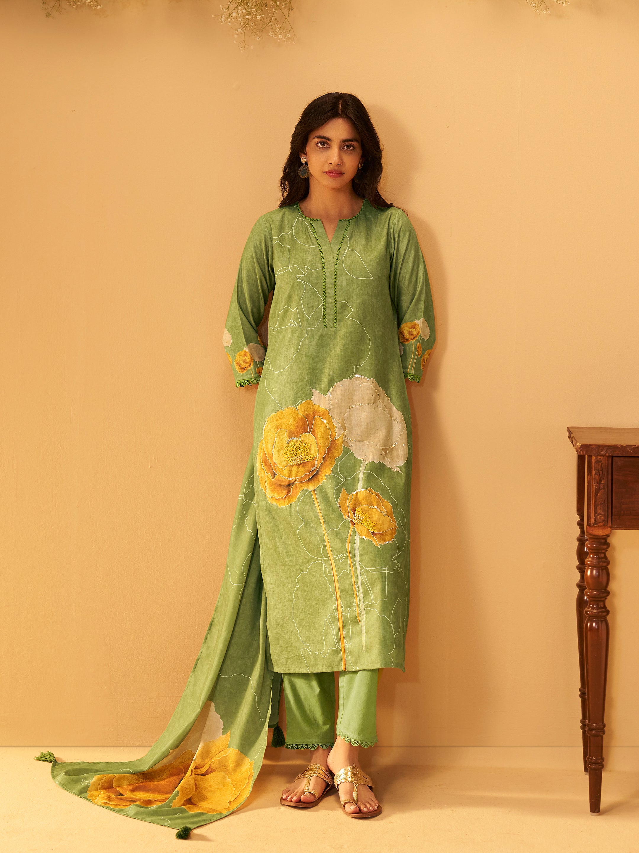 Janya Green Linen Printed Set