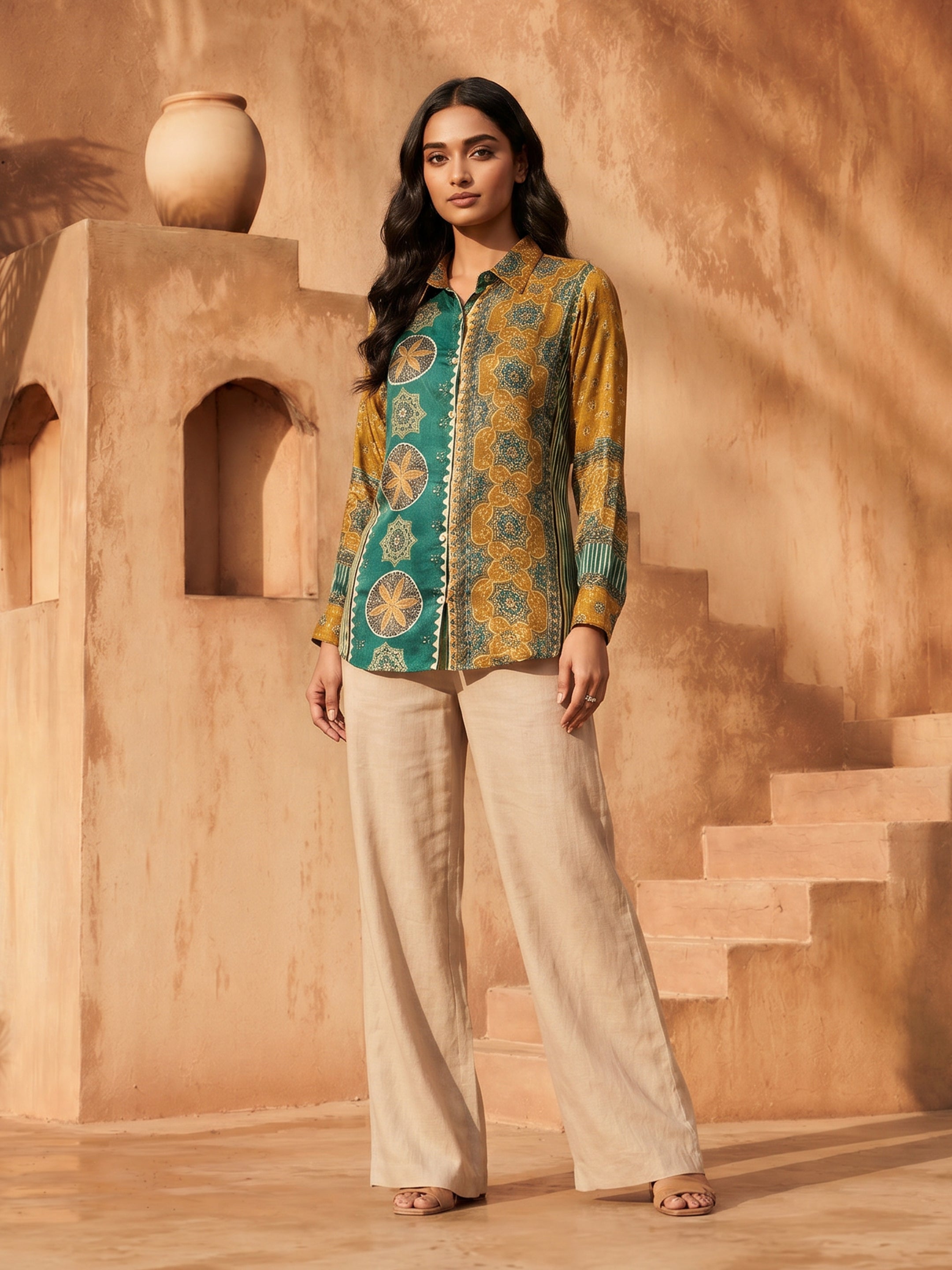 Mila Mustard Green Crepe Printed Shirt