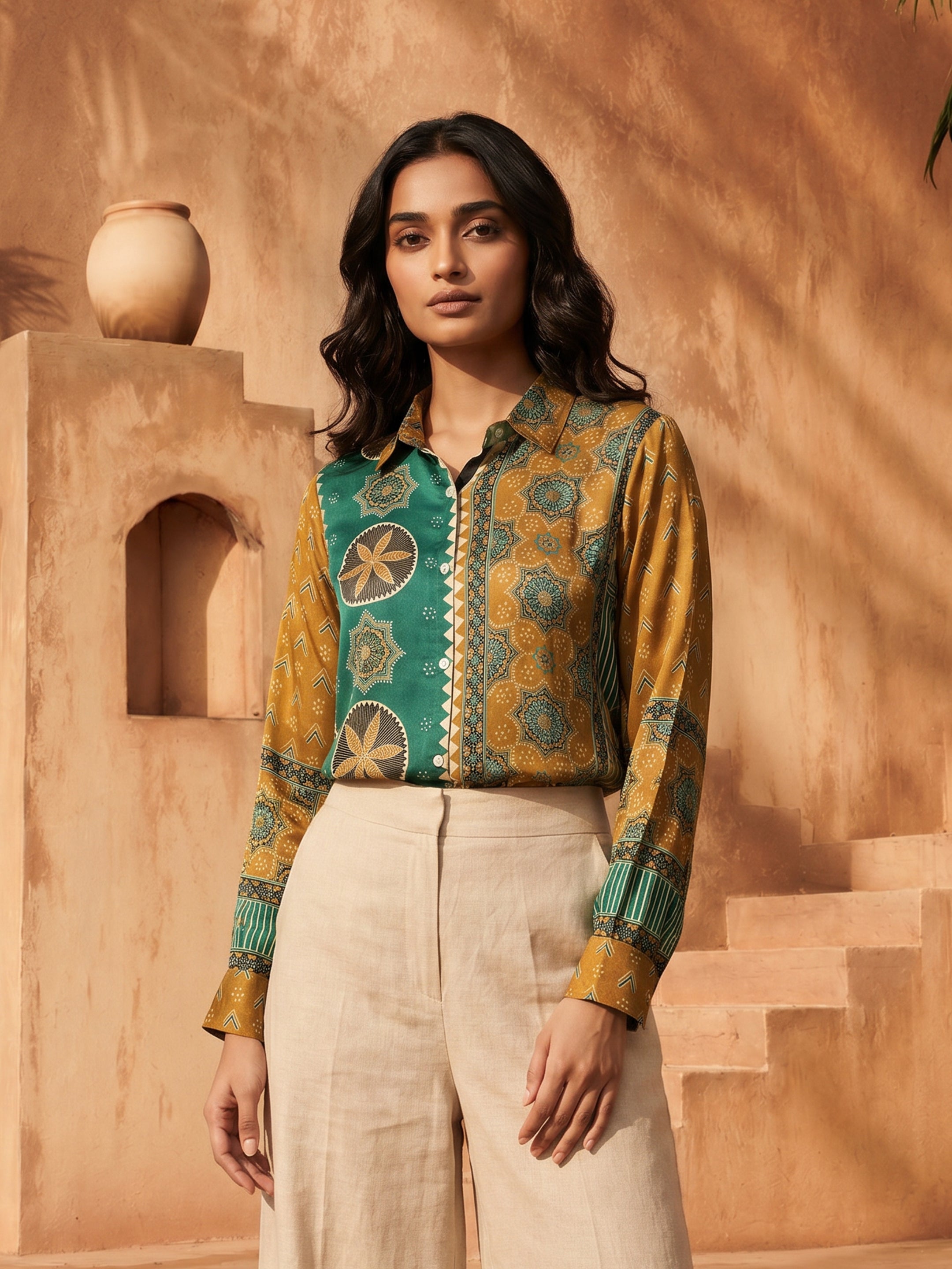 Mila Mustard Green Crepe Printed Shirt