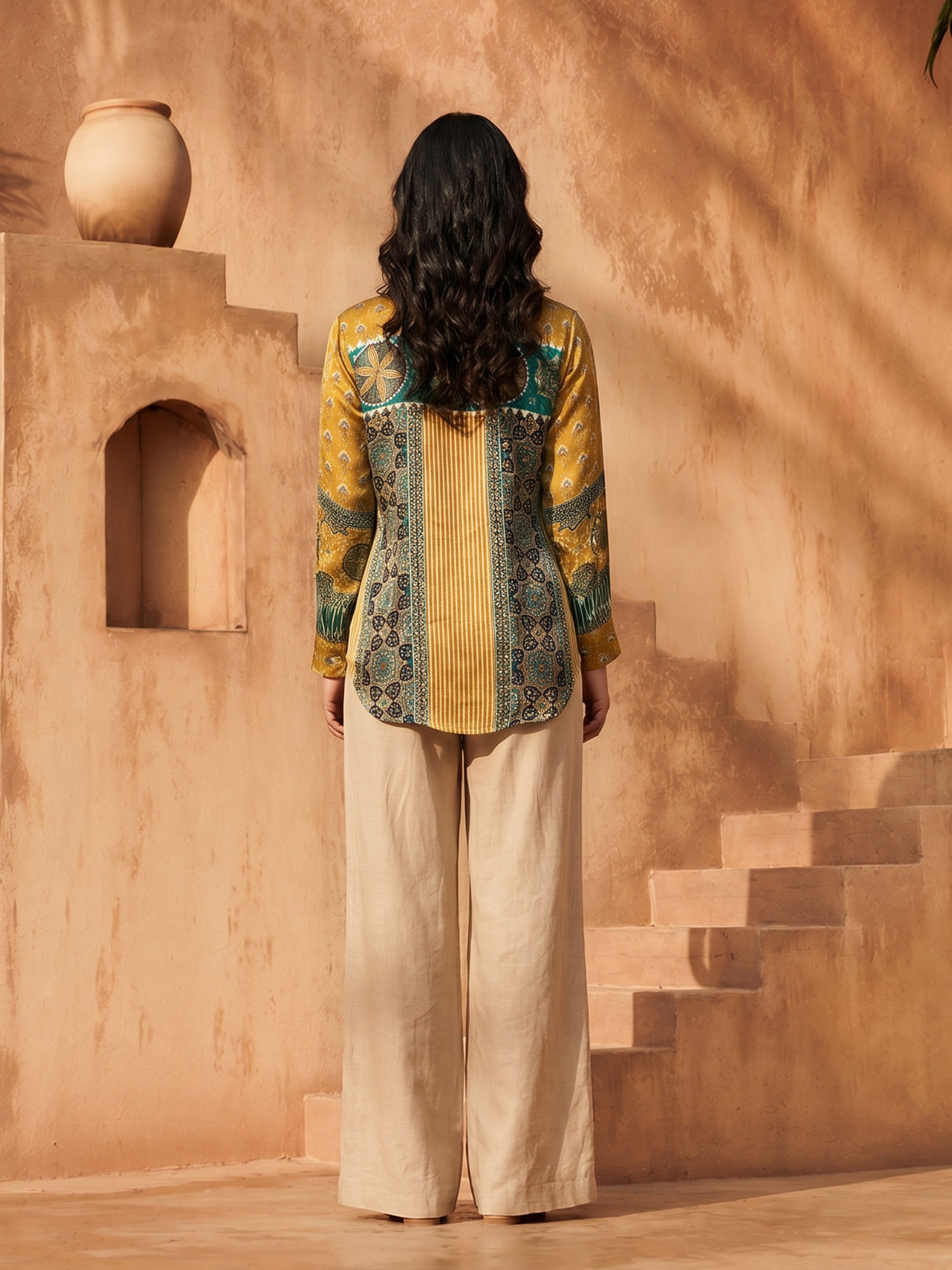 Mila Mustard Green Crepe Printed Shirt