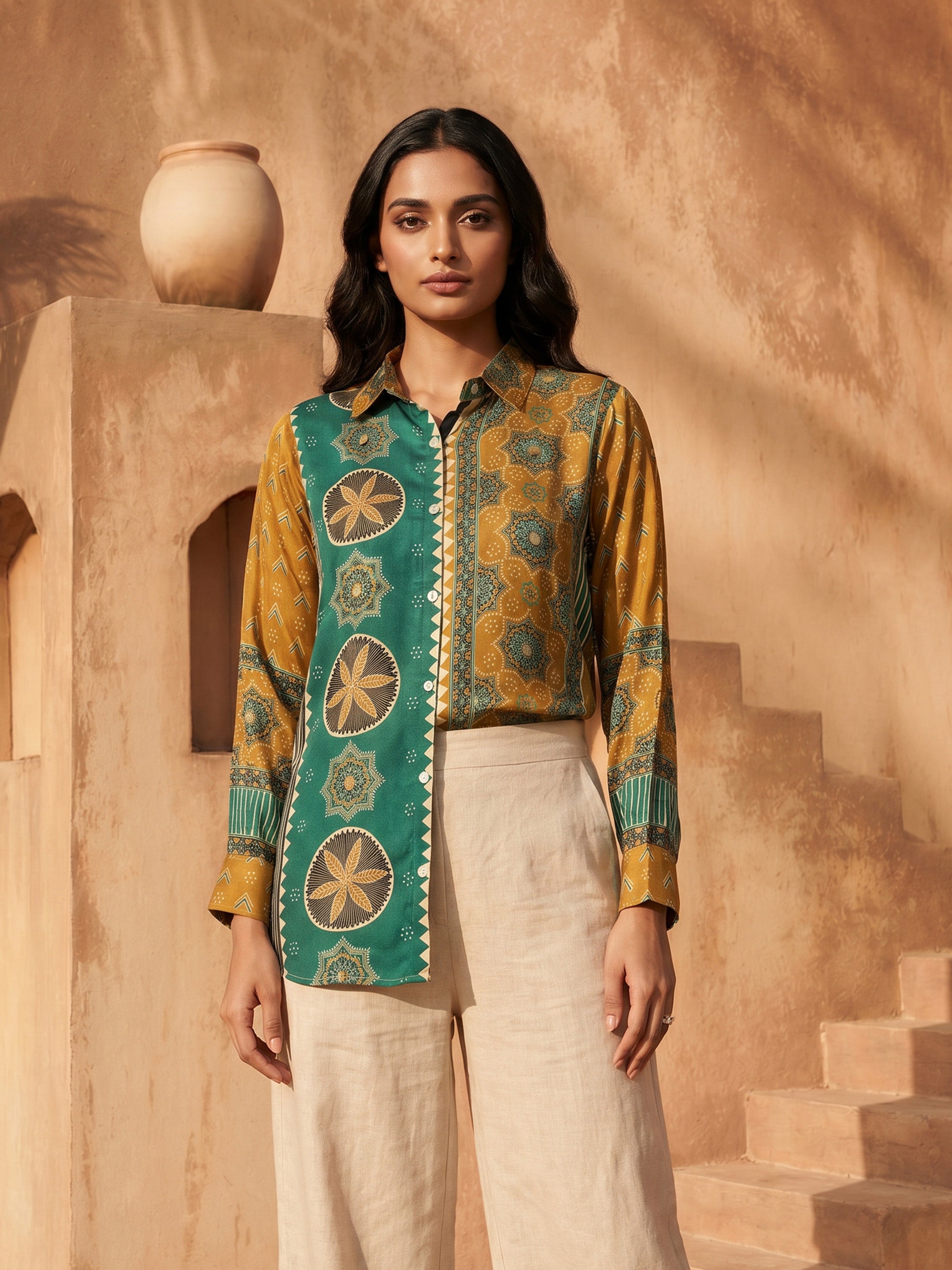 Mila Mustard Green Crepe Printed Shirt