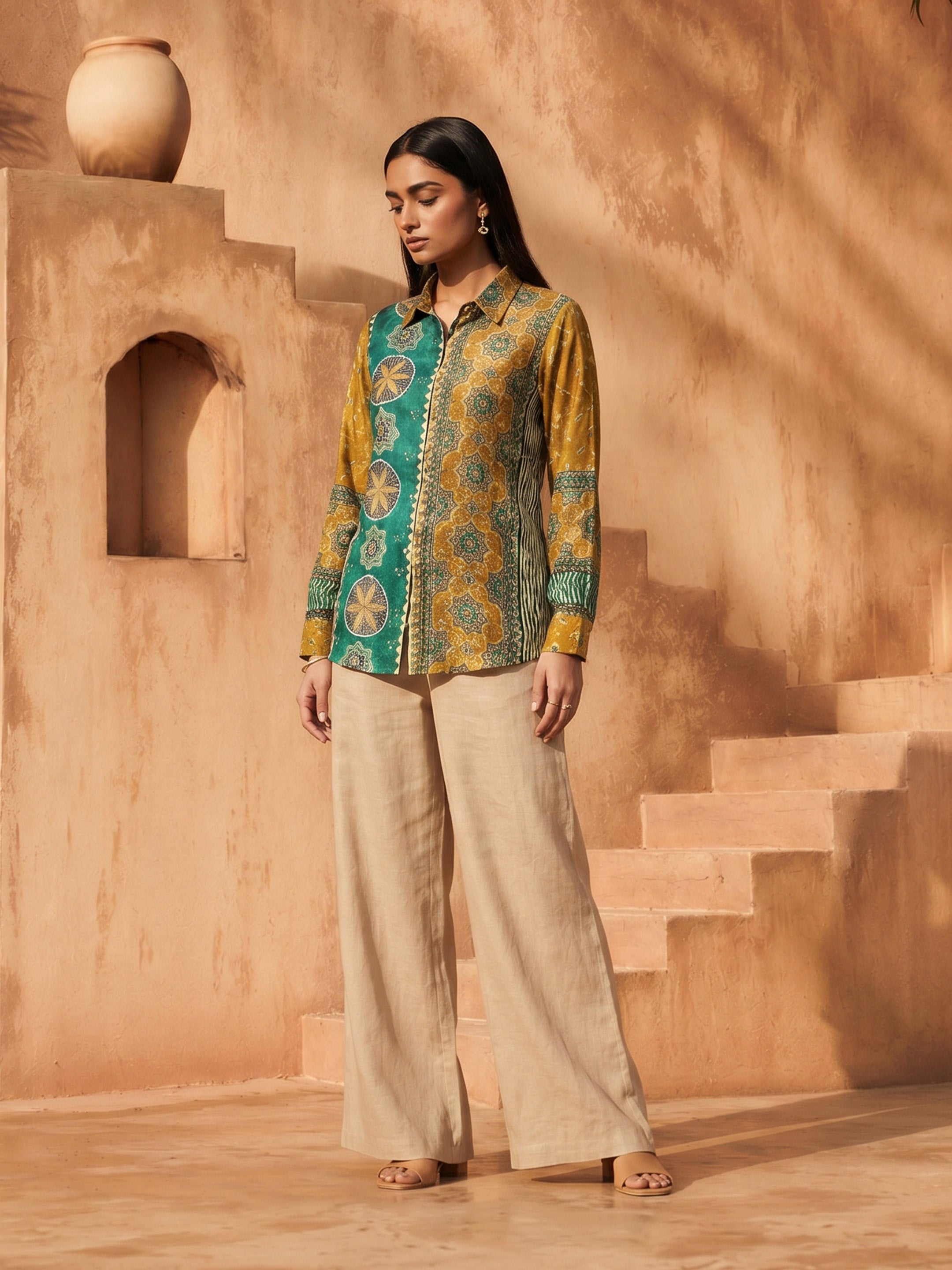Mila Mustard Green Crepe Printed Shirt