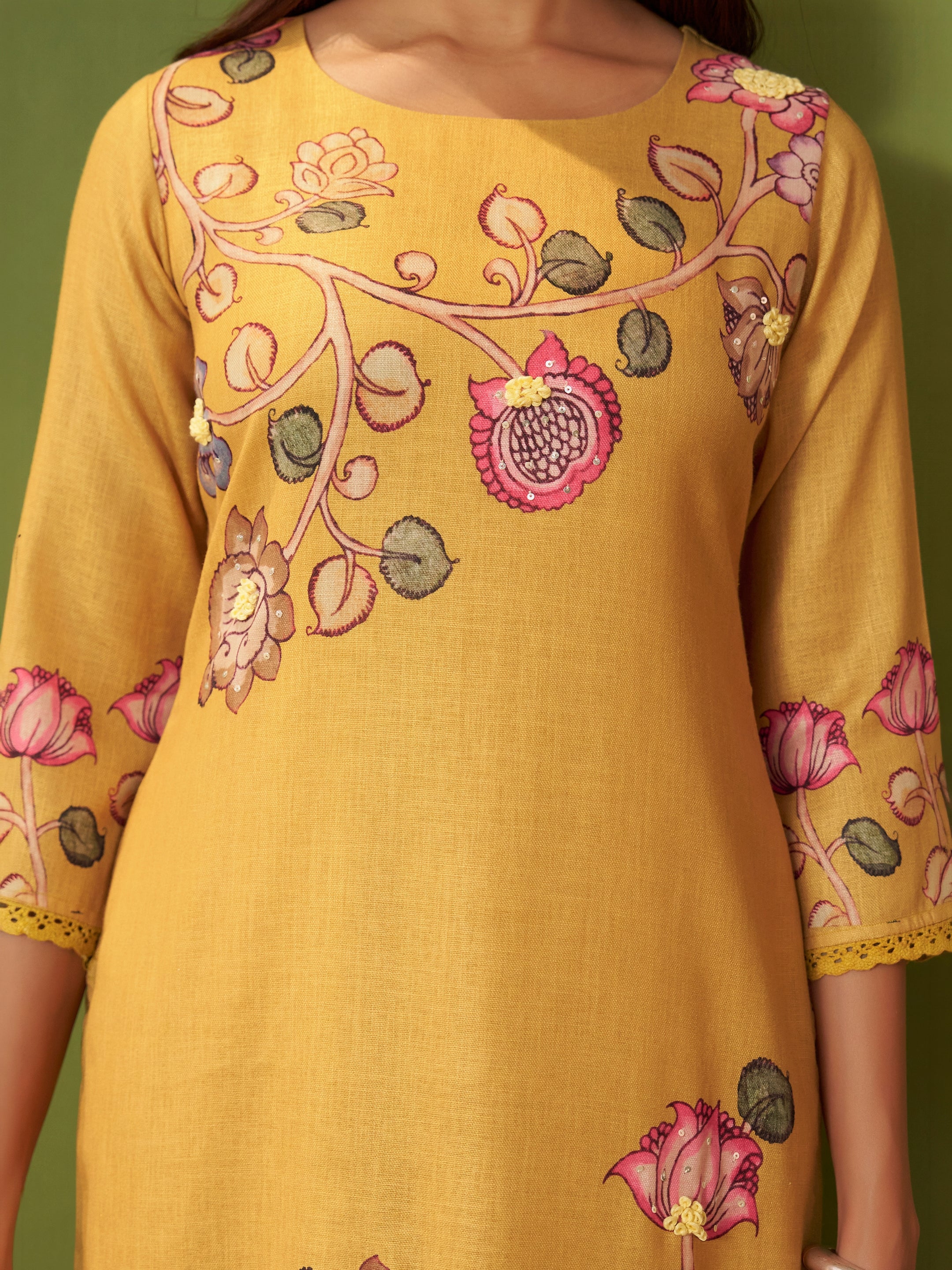 Kesari Yellow Linen Mul Suit Set
