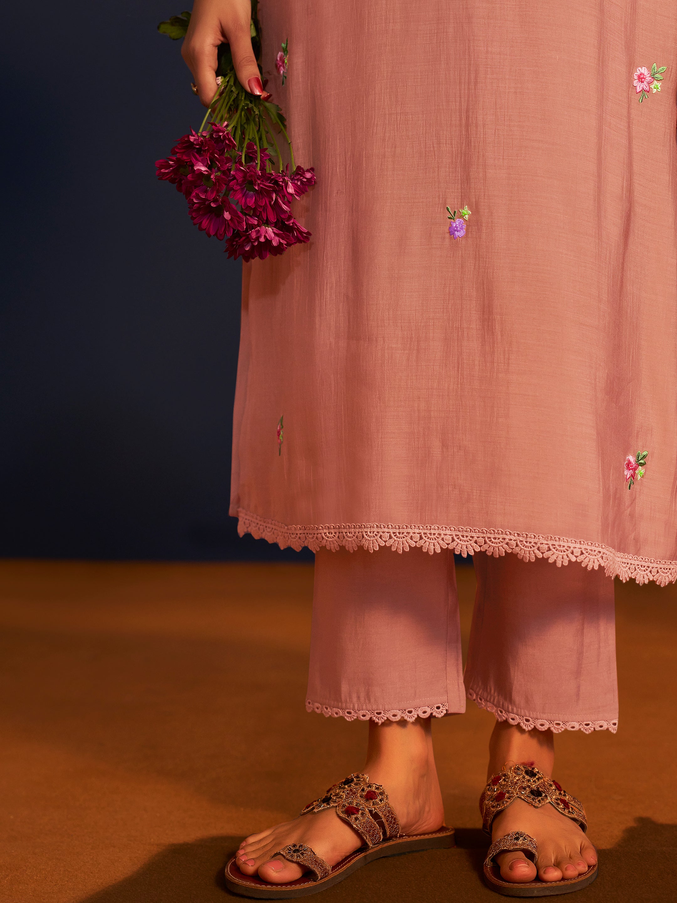 Navika Peach Mul Chanderi Handwork Set