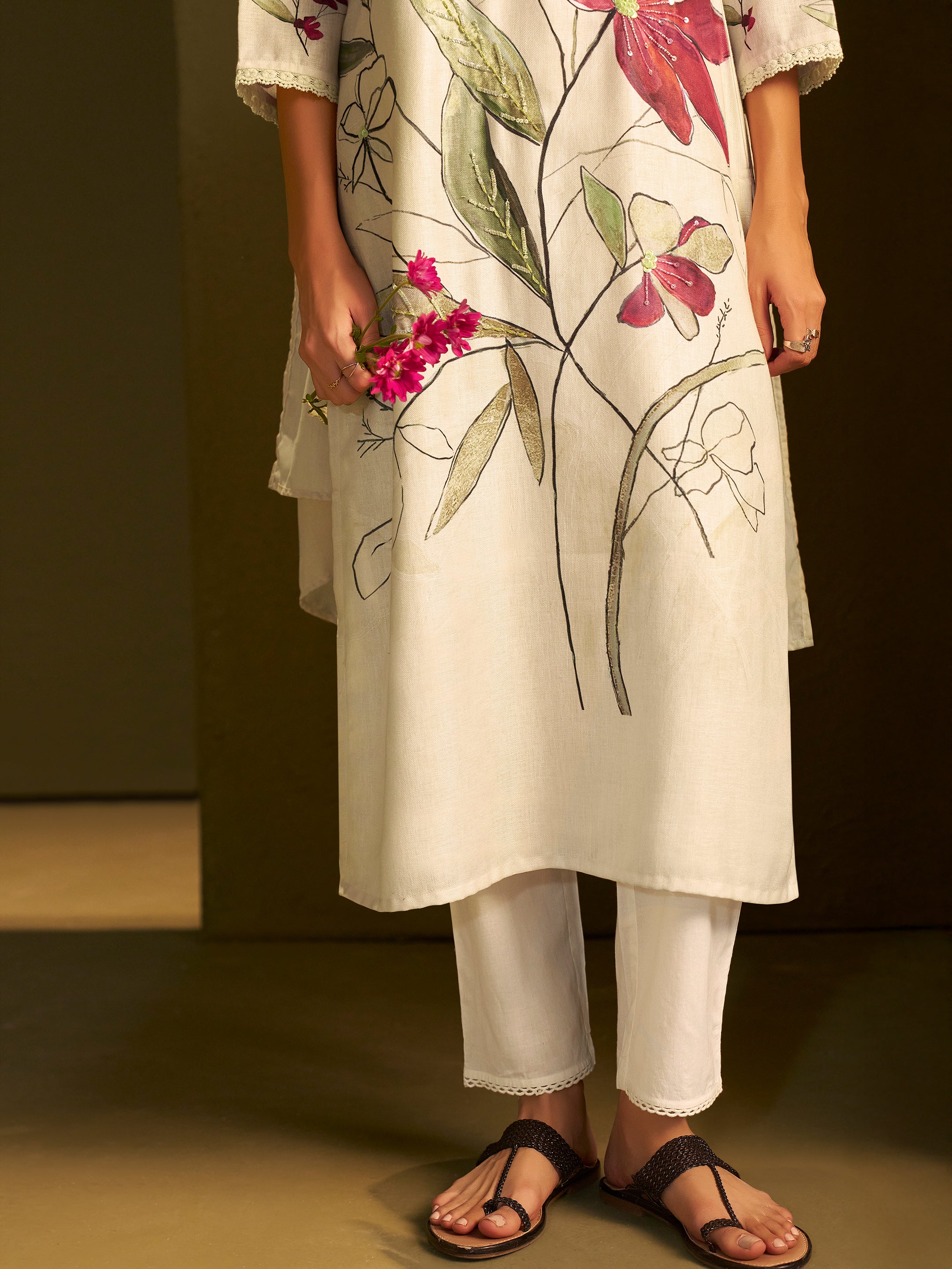 Keya White Linen Printed Set