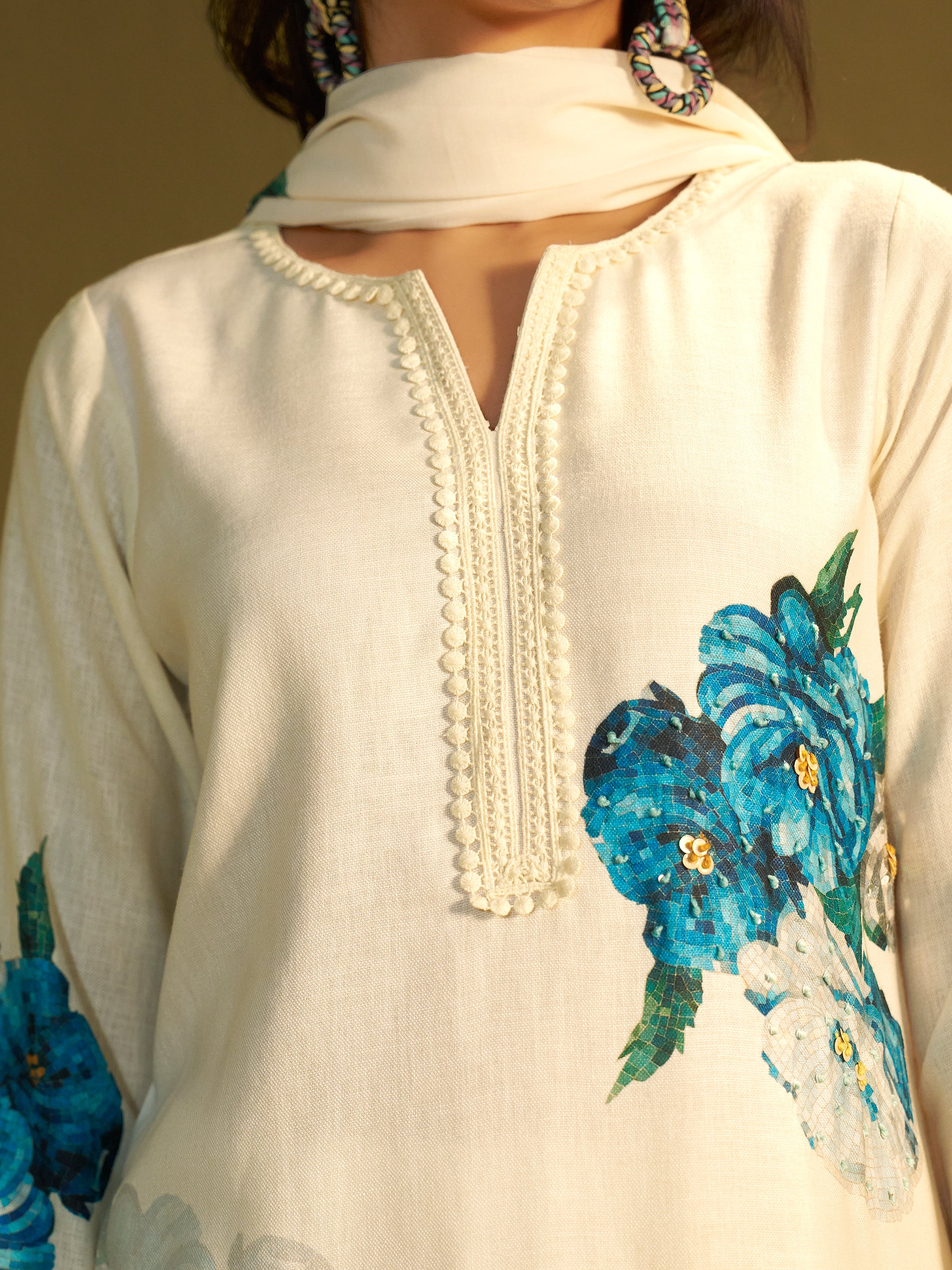 Siya White Linen Printed Set