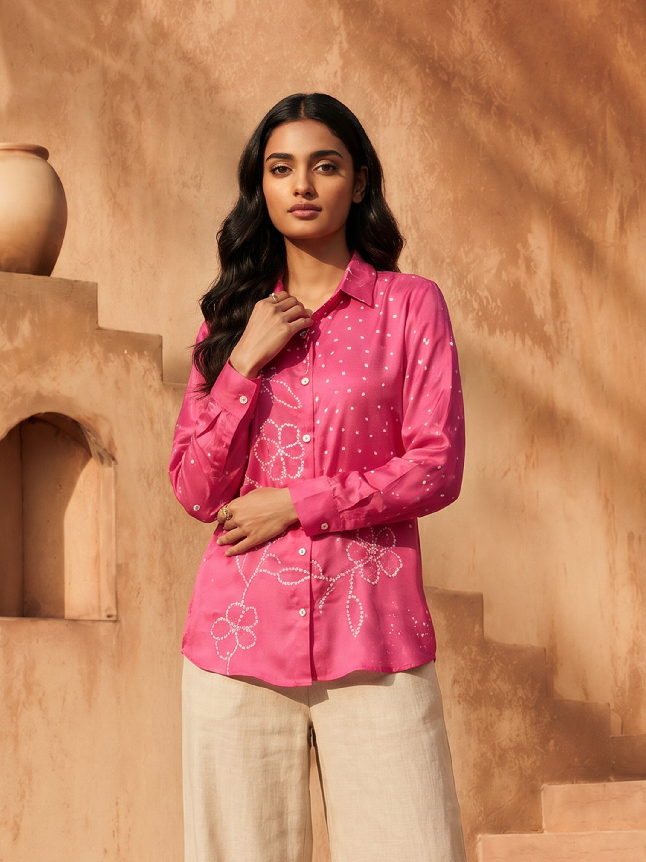 Bella Pink Crepe Printed Shirt