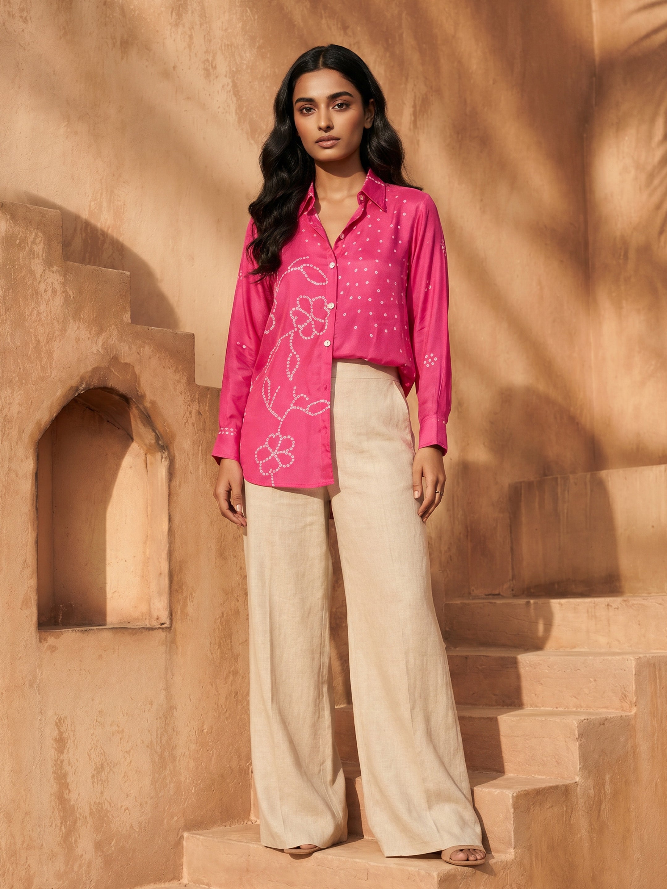 Bella Pink Crepe Printed Shirt