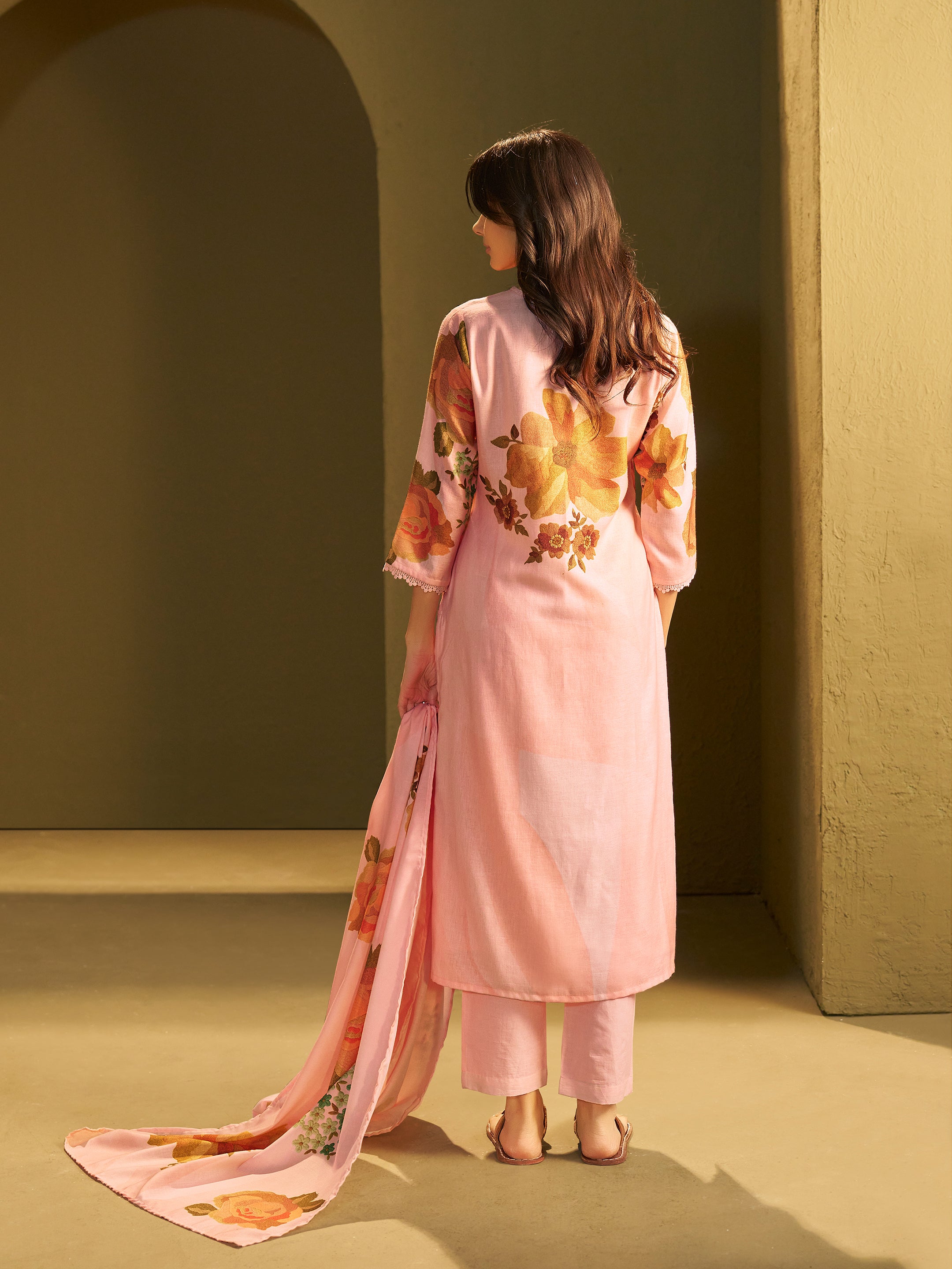 Tanvi Pink Linen Printed Set