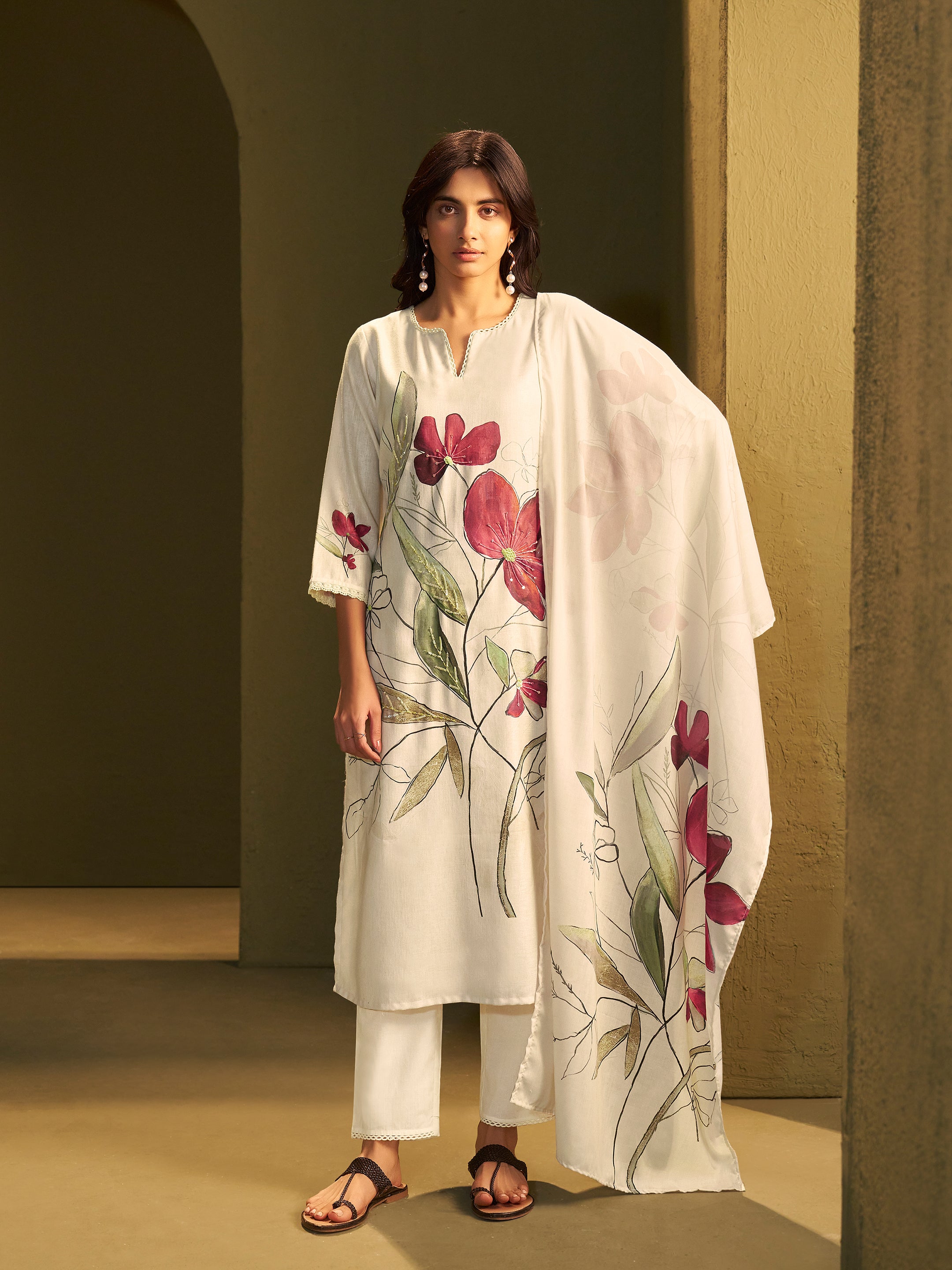 Keya White Linen Printed Set