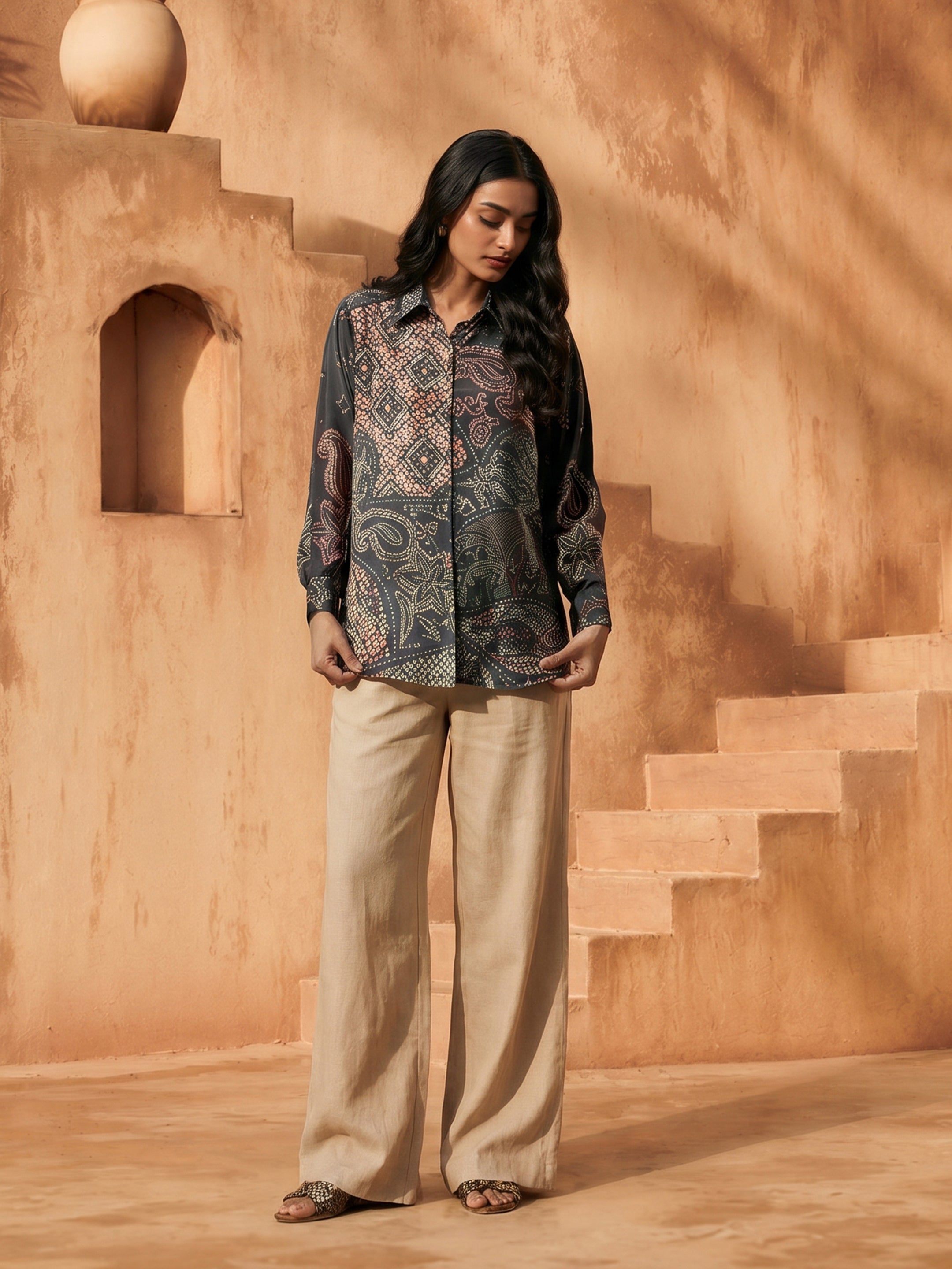 Celeste Black Crepe Printed Shirt