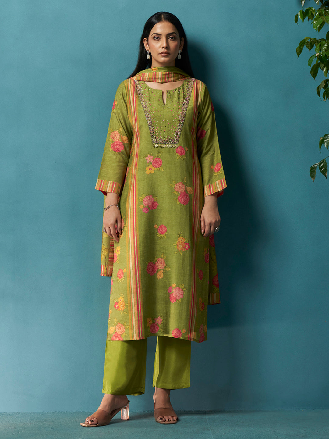 Phulwari Green Rio-Linen Suit Set