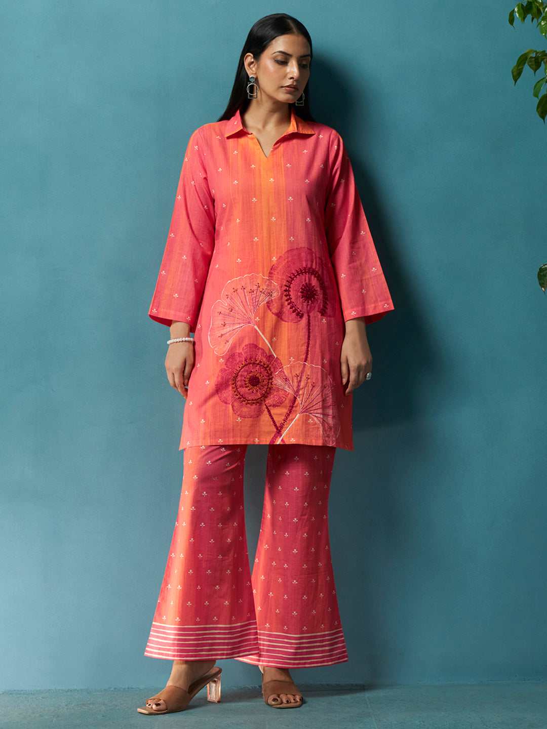 Chamak Peach Cotton Cambric Co-Ord Set