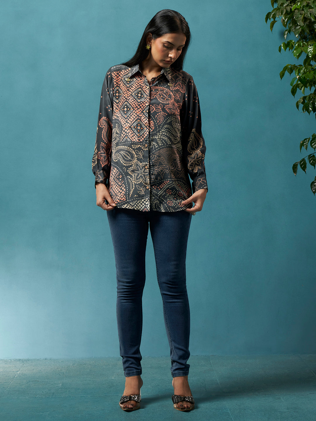 Celeste Black Crepe Printed Shirt