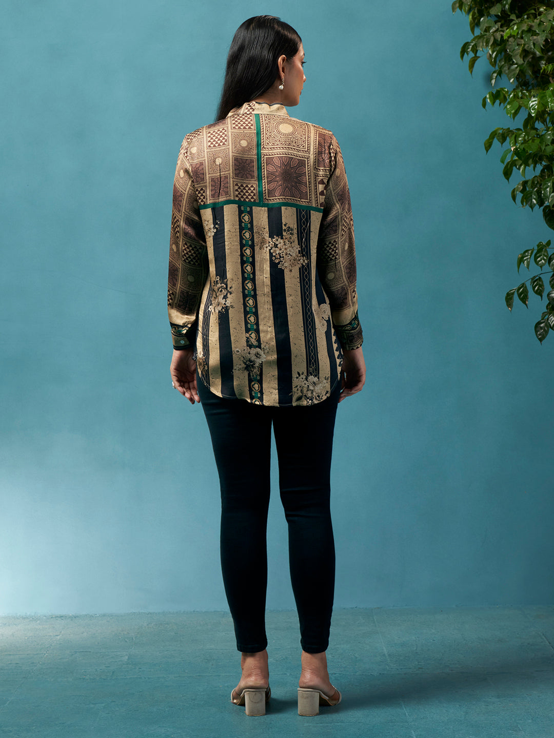 Hazel Beige Black Crepe Printed Shirt