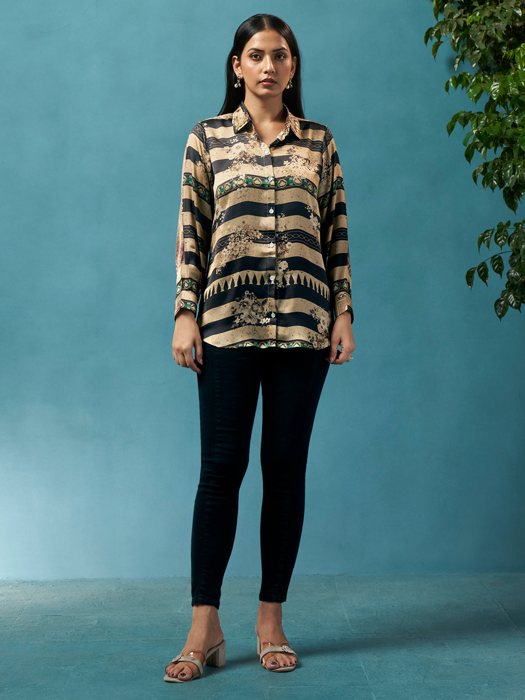 Hazel Beige Black Crepe Printed Shirt