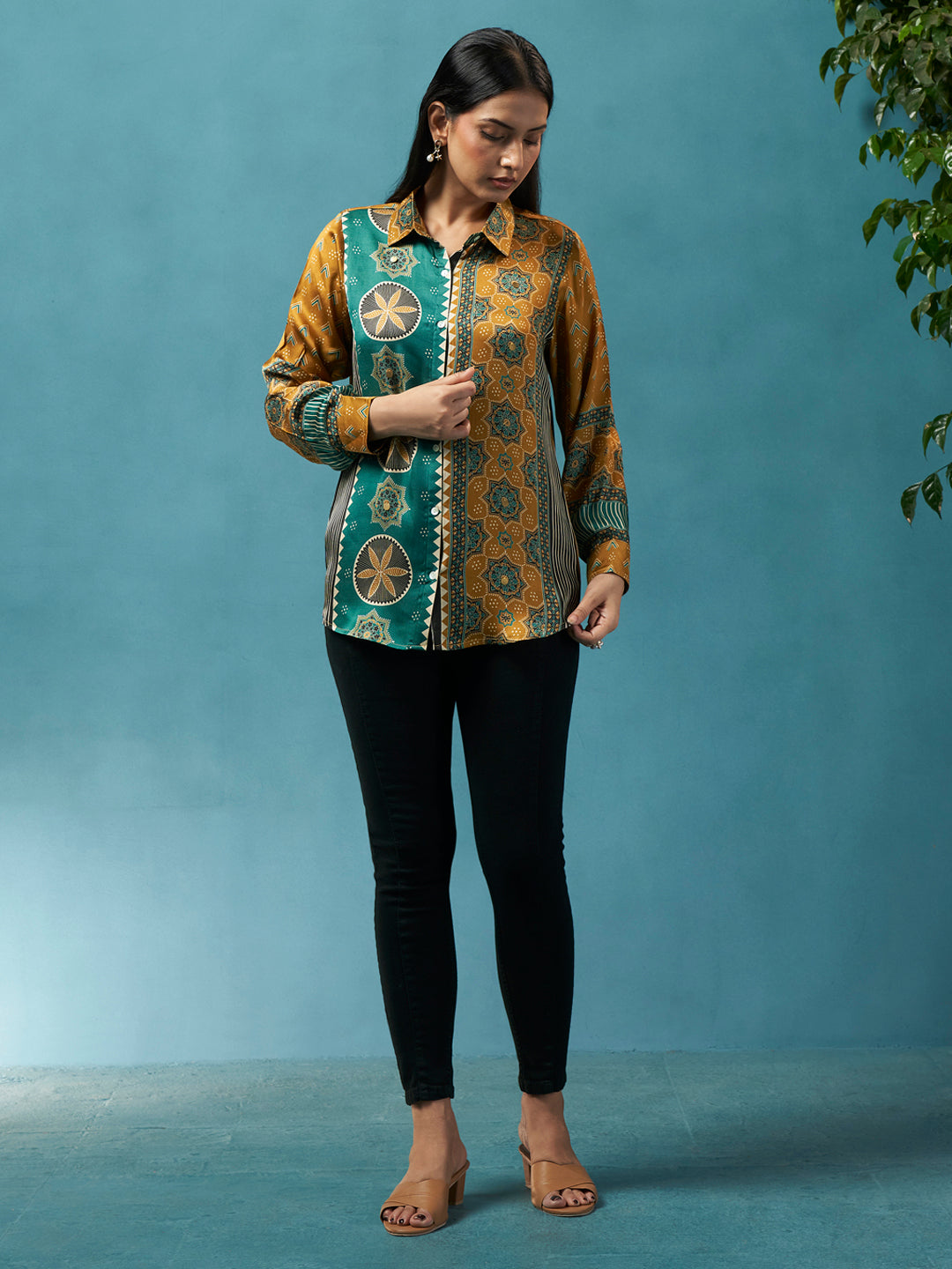 Mila Mustard Green Crepe Printed Shirt