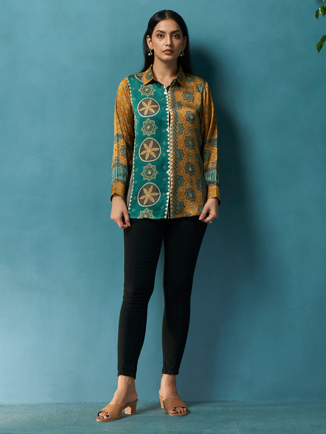 Mila Mustard Green Crepe Printed Shirt