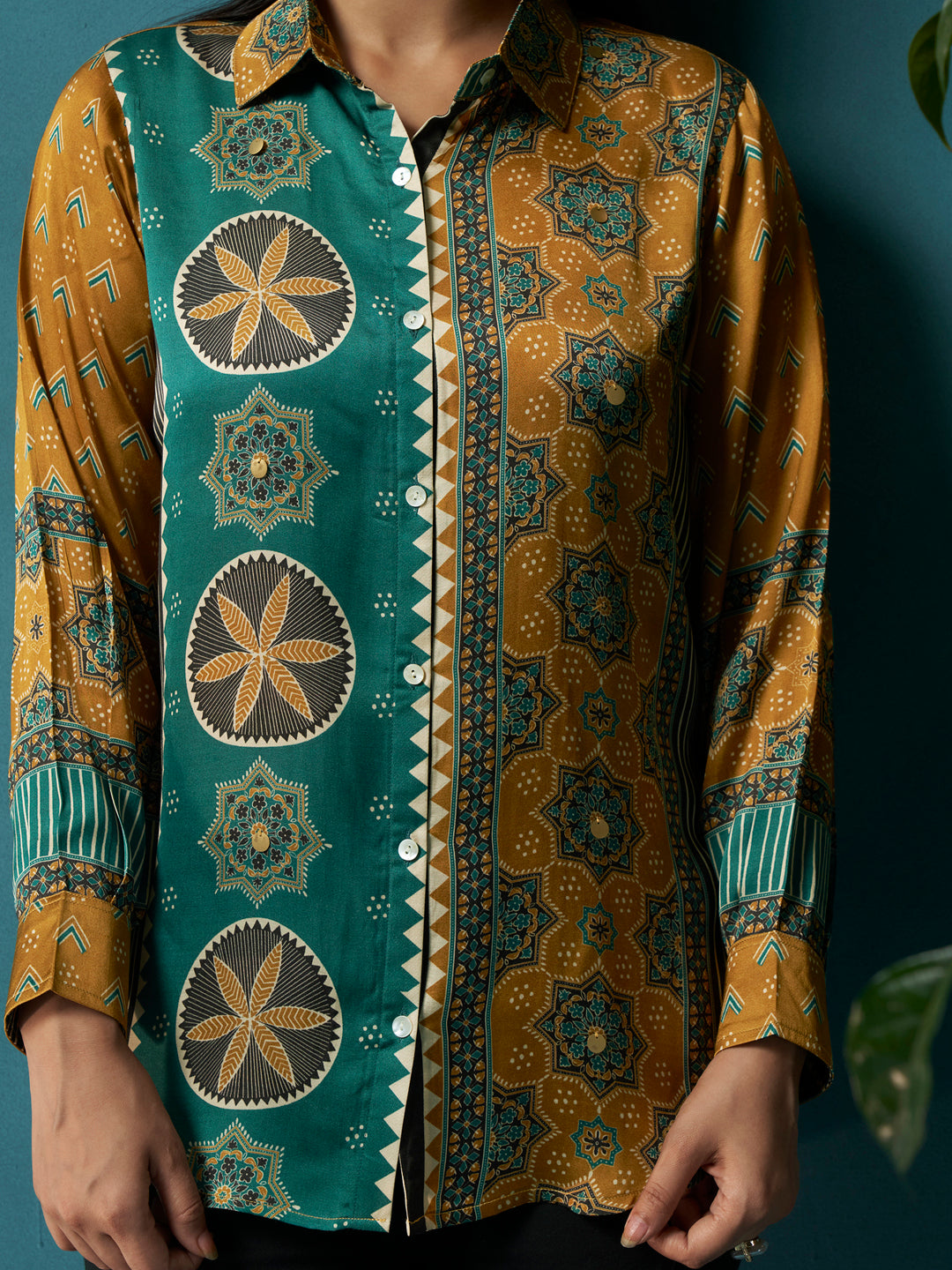 Mila Mustard Green Crepe Printed Shirt