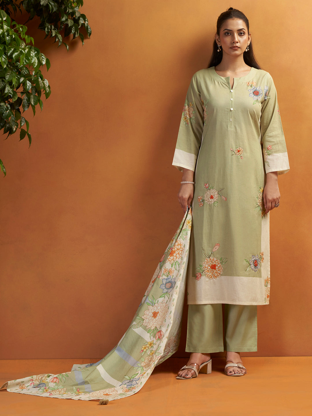 Kokum Pista Green Cotton Cambric Suit Set