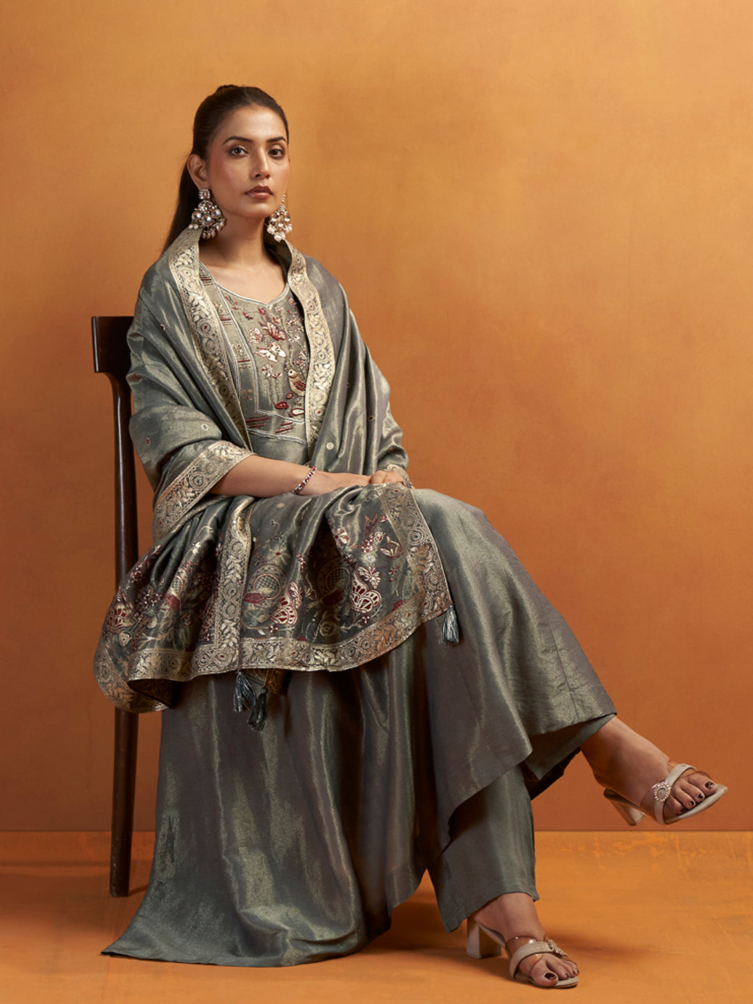 Chhaon Grey Shimmer Silk Suit Set