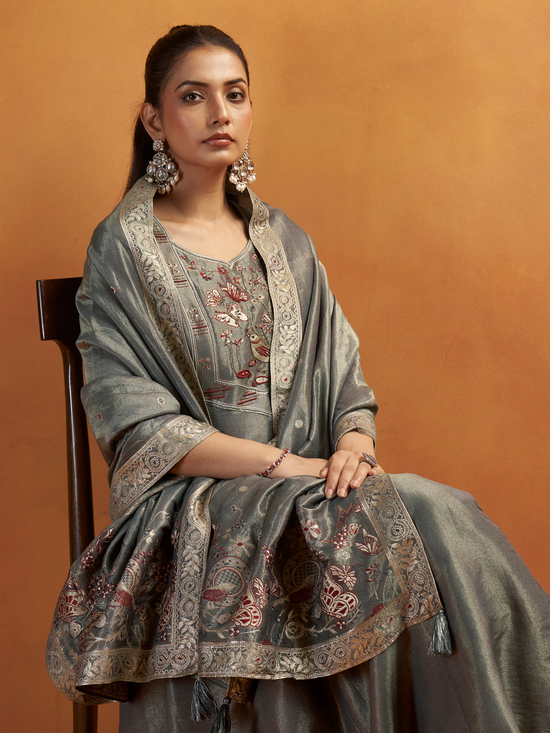 Chhaon Grey Shimmer Silk Suit Set