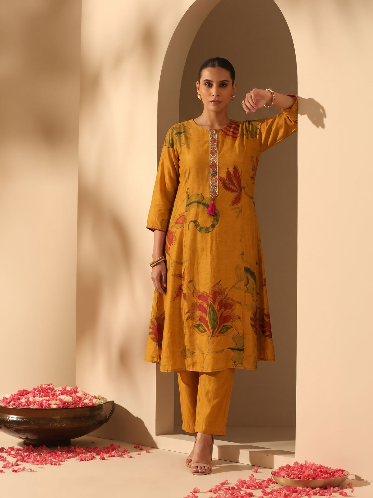 Hema Mustard Cotton Chinon Kurta Pant Set