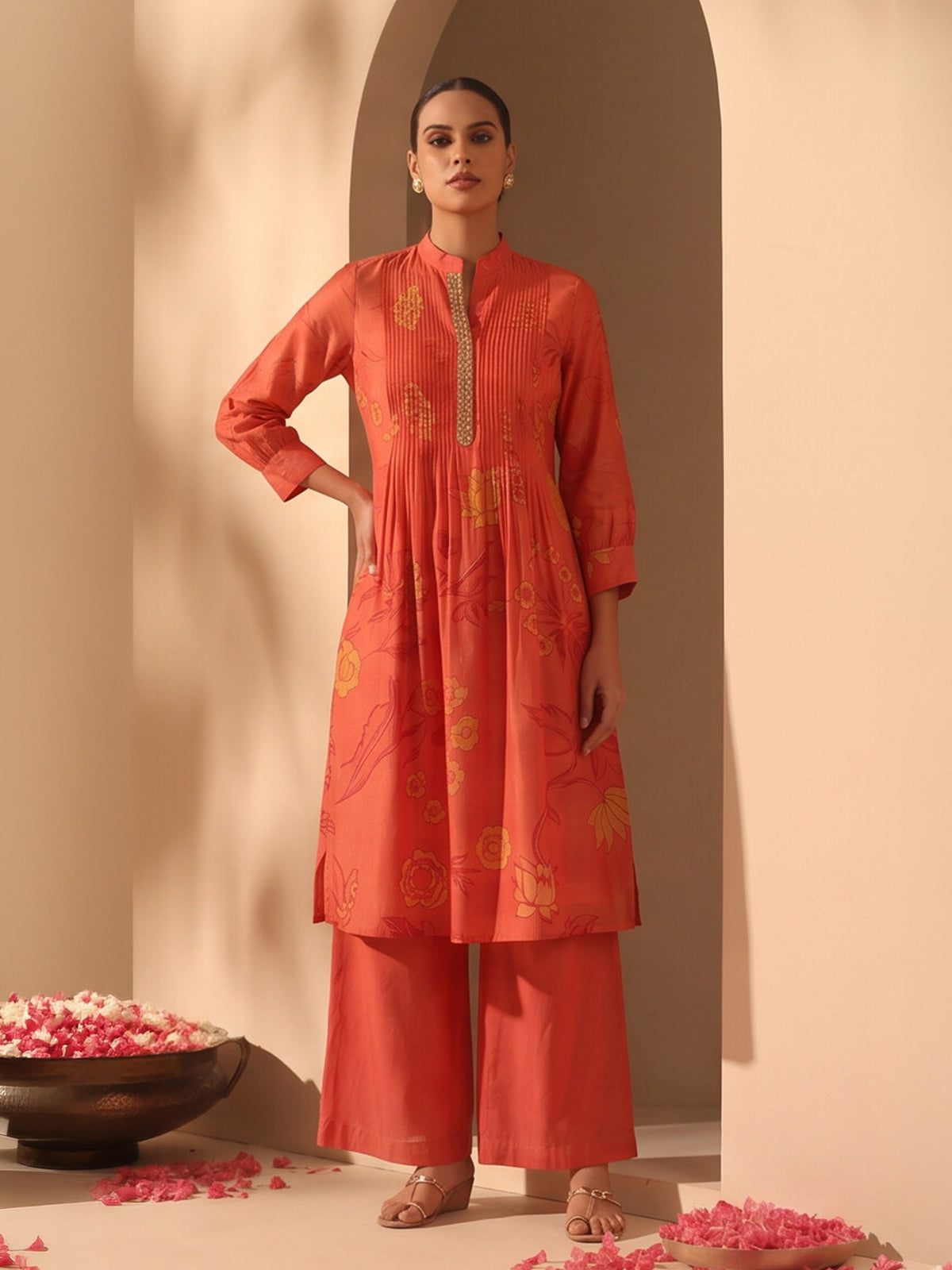 Sindura Red Cotton Chinon Kurta Pant Set