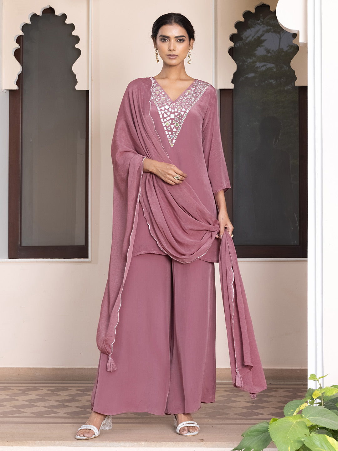 Manika Natural Crepe Embroidered Suit Set