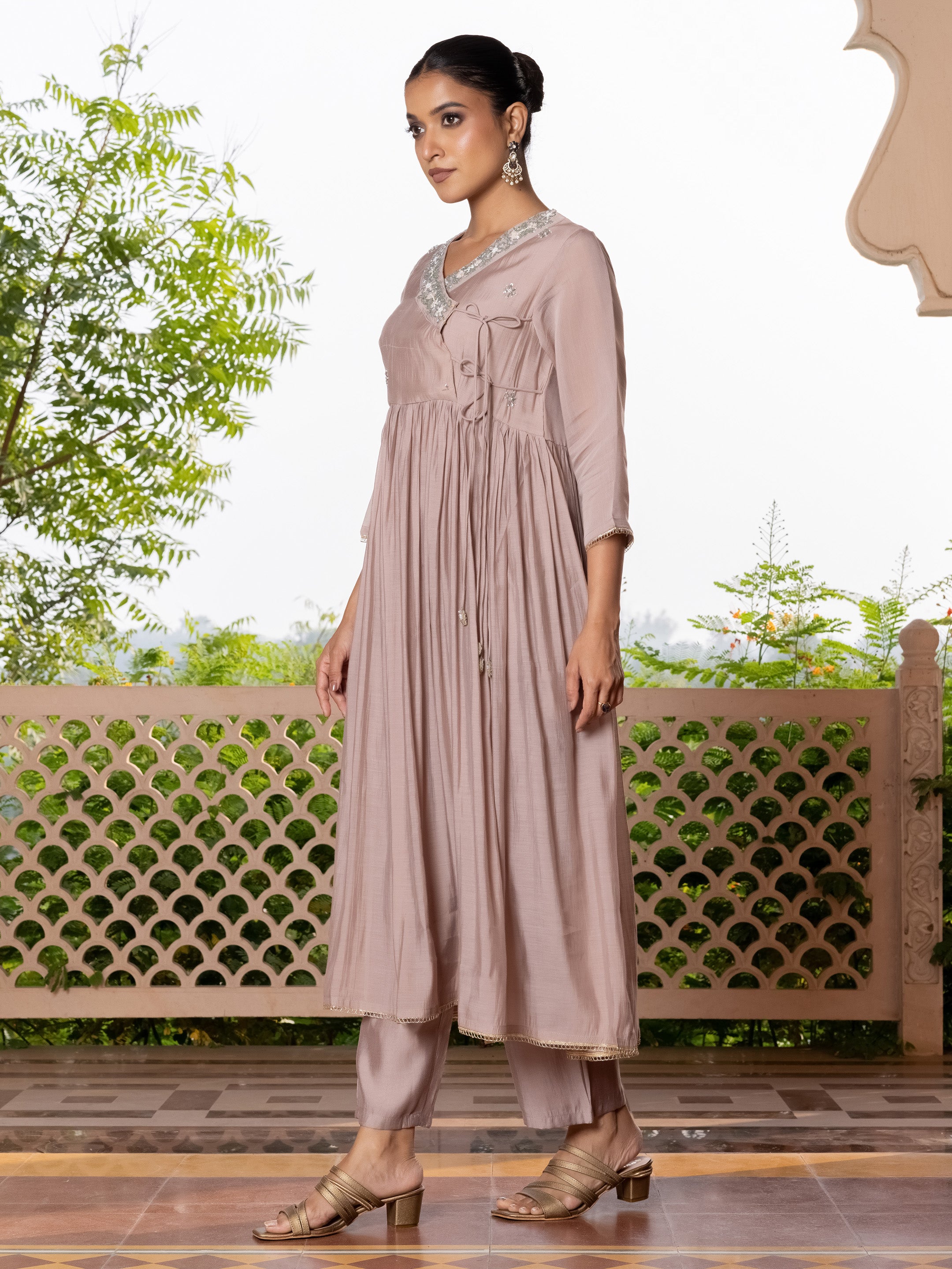 Saanjh Mul Chanderi Angrakha Kurta Set