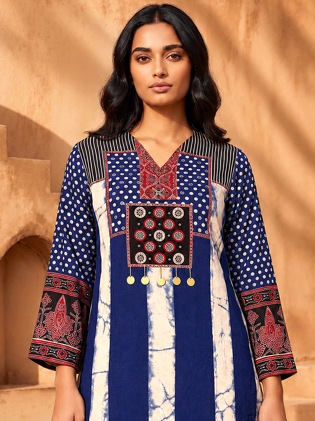 Nihira Royal Blue Bandhani Print & Handwork 3D-Silk Straight Short Kurti