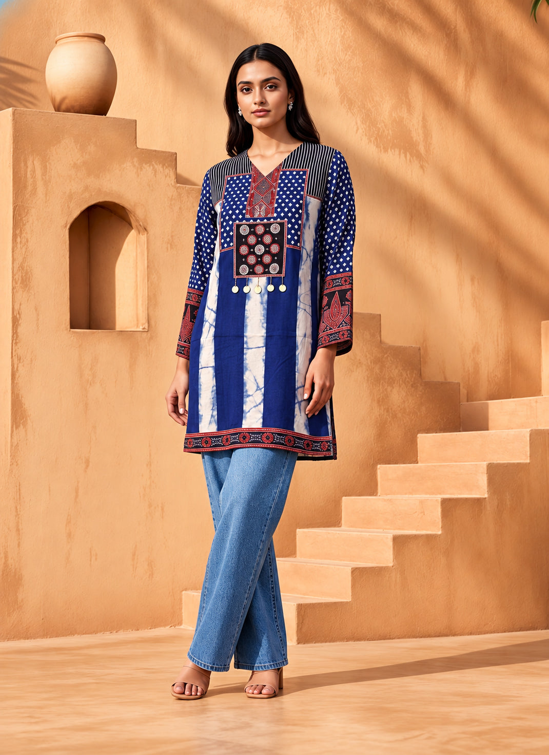 Nihira Royal Blue Bandhani Print & Handwork 3D-Silk Straight Short Kurti