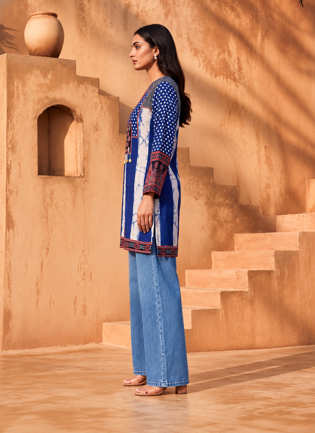 Nihira Royal Blue Bandhani Print & Handwork 3D-Silk Straight Short Kurti