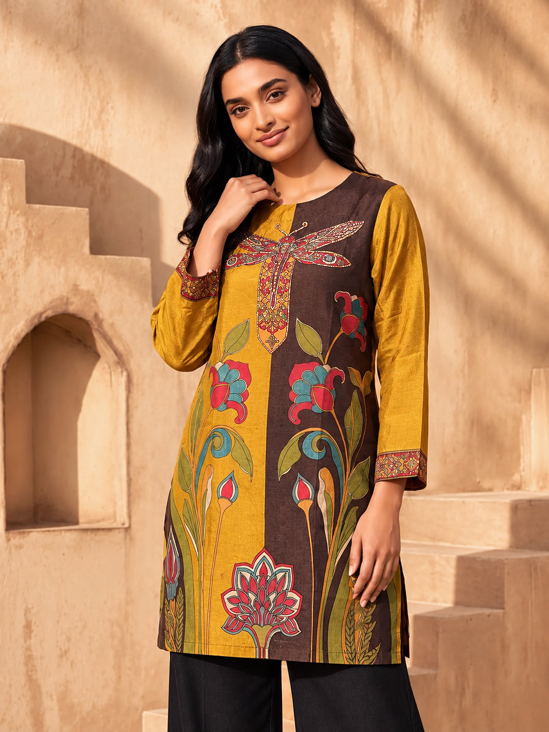 Mihika Mustard & Brown Dragonfly Print & Handwork 3D-Silk Straight Short Kurti