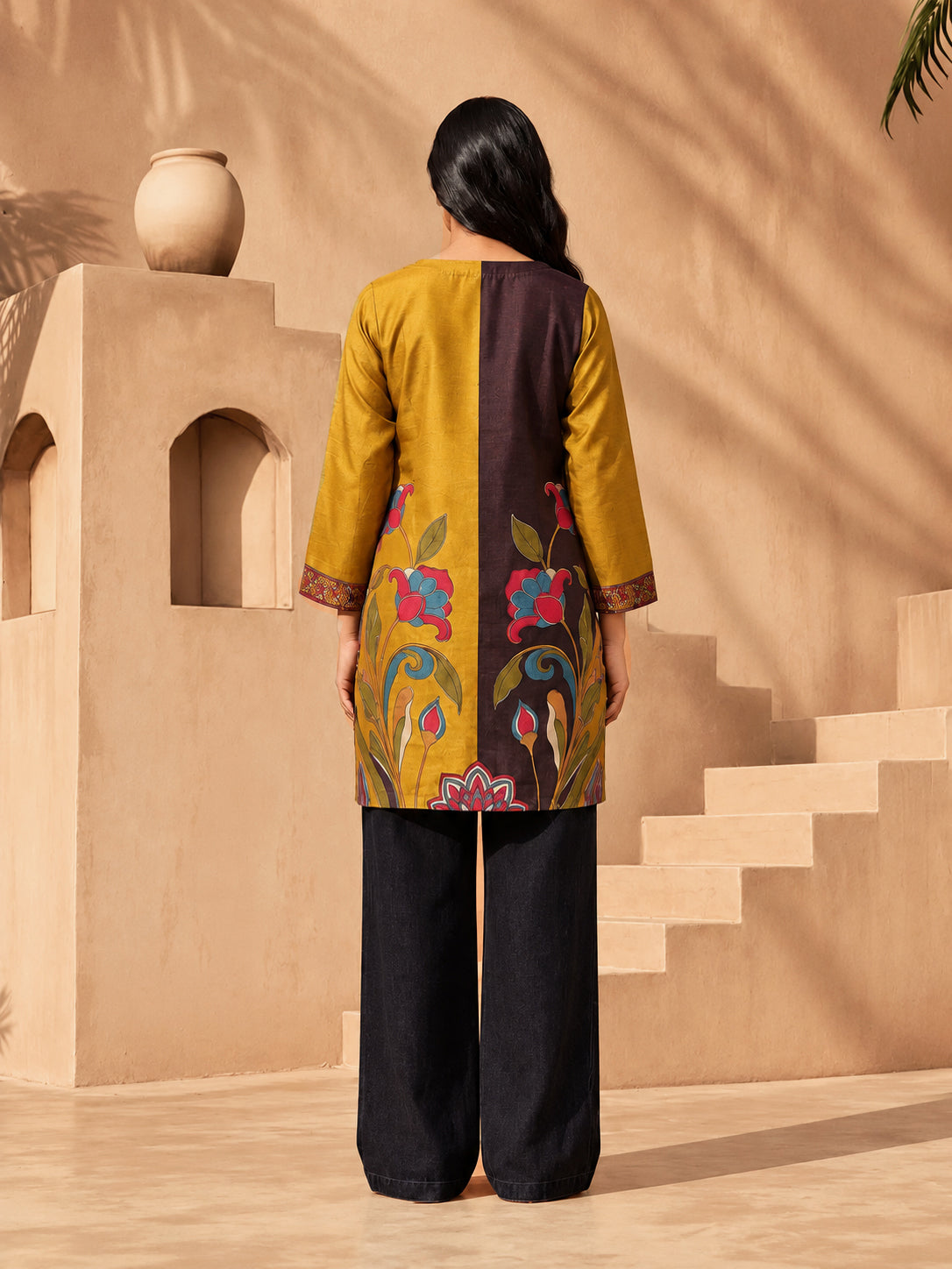 Mihika Mustard & Brown Dragonfly Print & Handwork 3D-Silk Straight Short Kurti