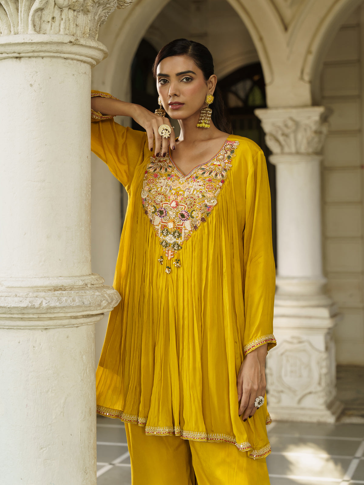 Sanaya Mustard Yellow Pure Viscose Embroidered Kurta Palazzo Set