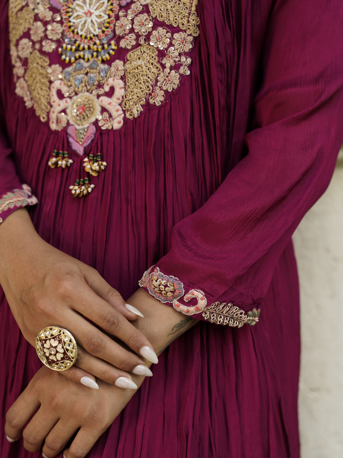 Zivika Wine Maroon Pure Viscose Embroidered Kurta Palazzo Set