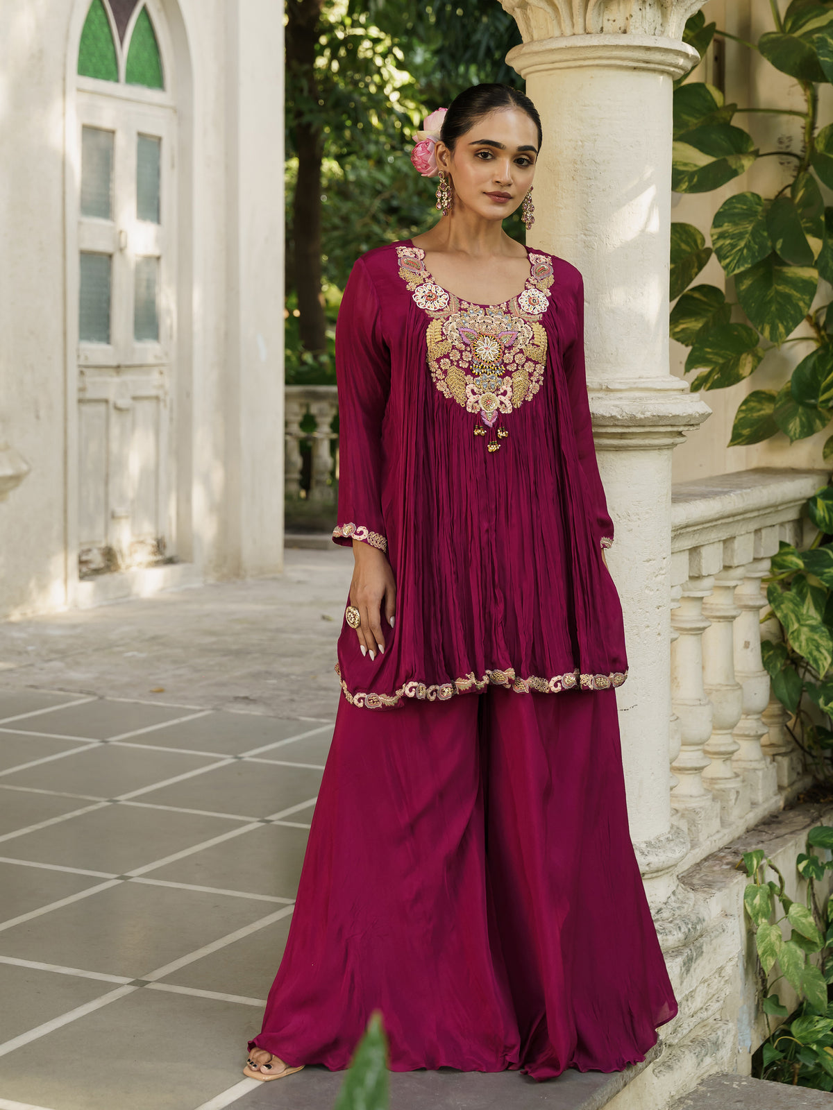 Zivika Wine Maroon Pure Viscose Embroidered Kurta Palazzo Set