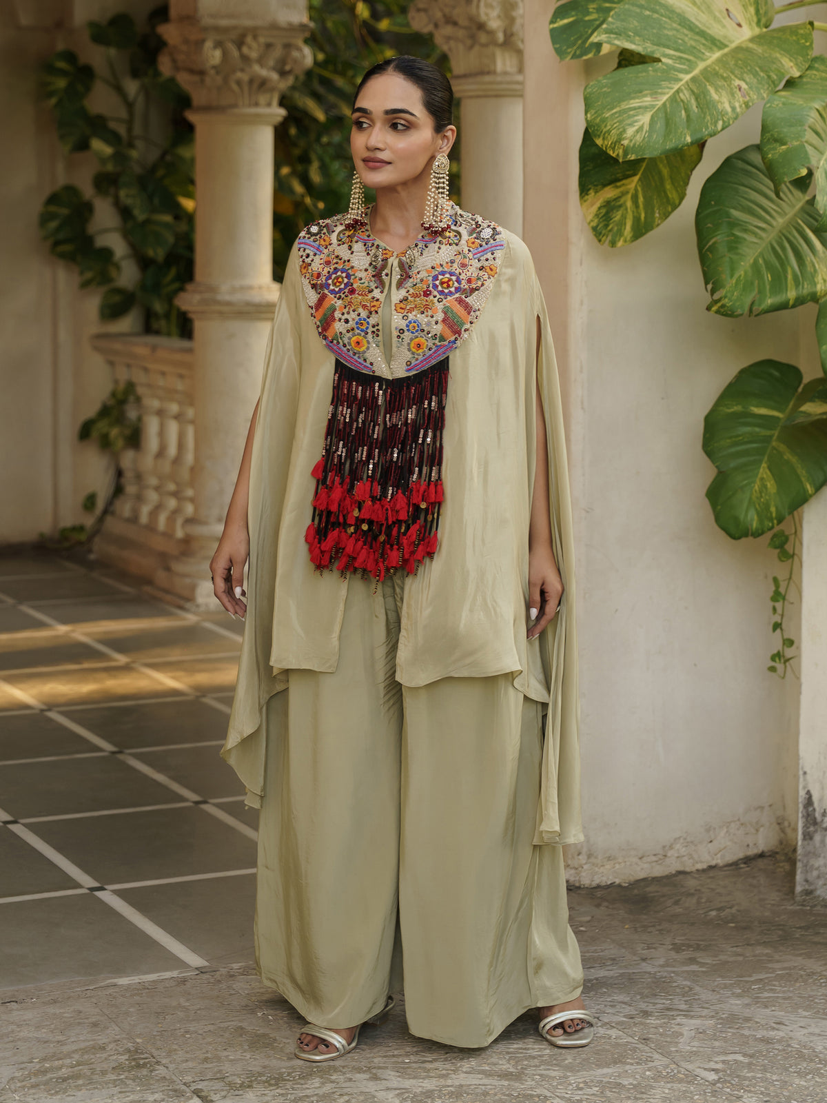 Aahana Beige Pure Viscose Embroidered Kaftan Suit Set with Red Tassel Detailing