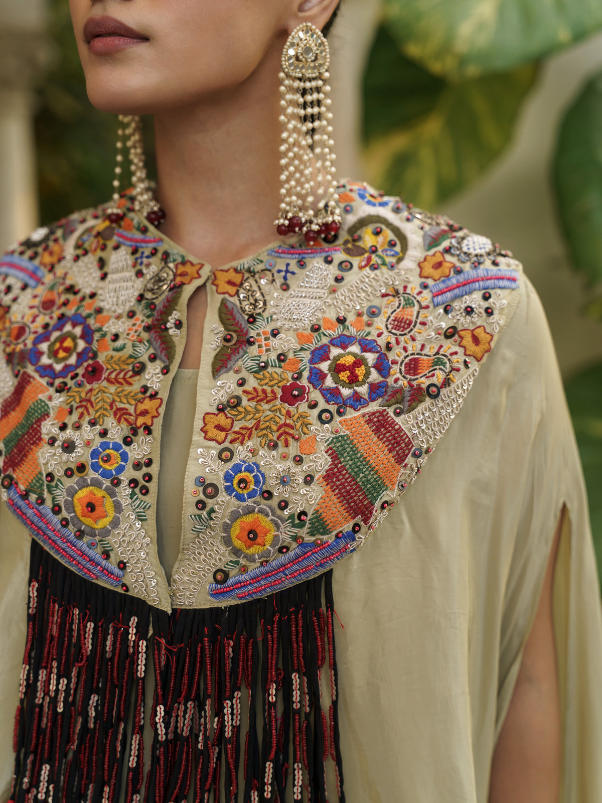 Aahana Beige Pure Viscose Embroidered Kaftan Suit Set with Red Tassel Detailing
