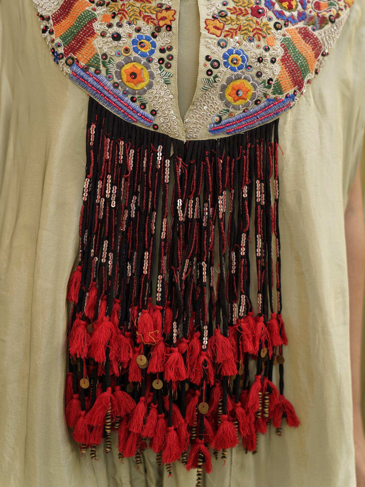 Aahana Beige Pure Viscose Embroidered Kaftan Suit Set with Red Tassel Detailing