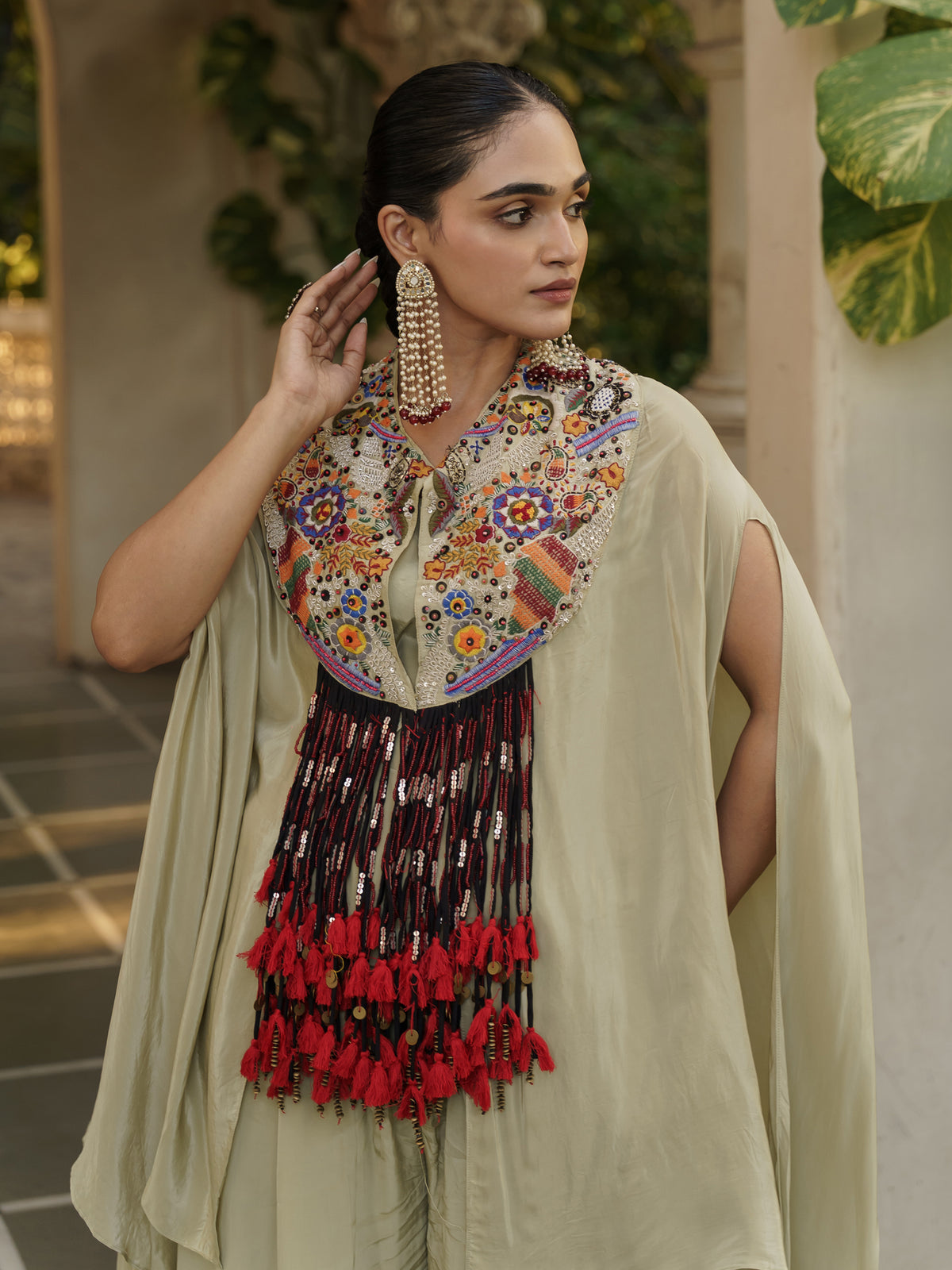 Aahana Beige Pure Viscose Embroidered Kaftan Suit Set with Red Tassel Detailing