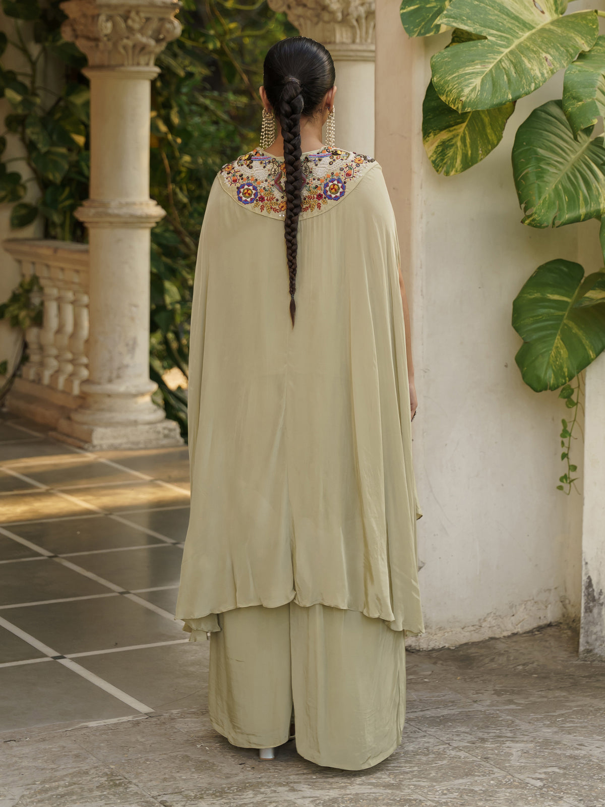 Aahana Beige Pure Viscose Embroidered Kaftan Suit Set with Red Tassel Detailing