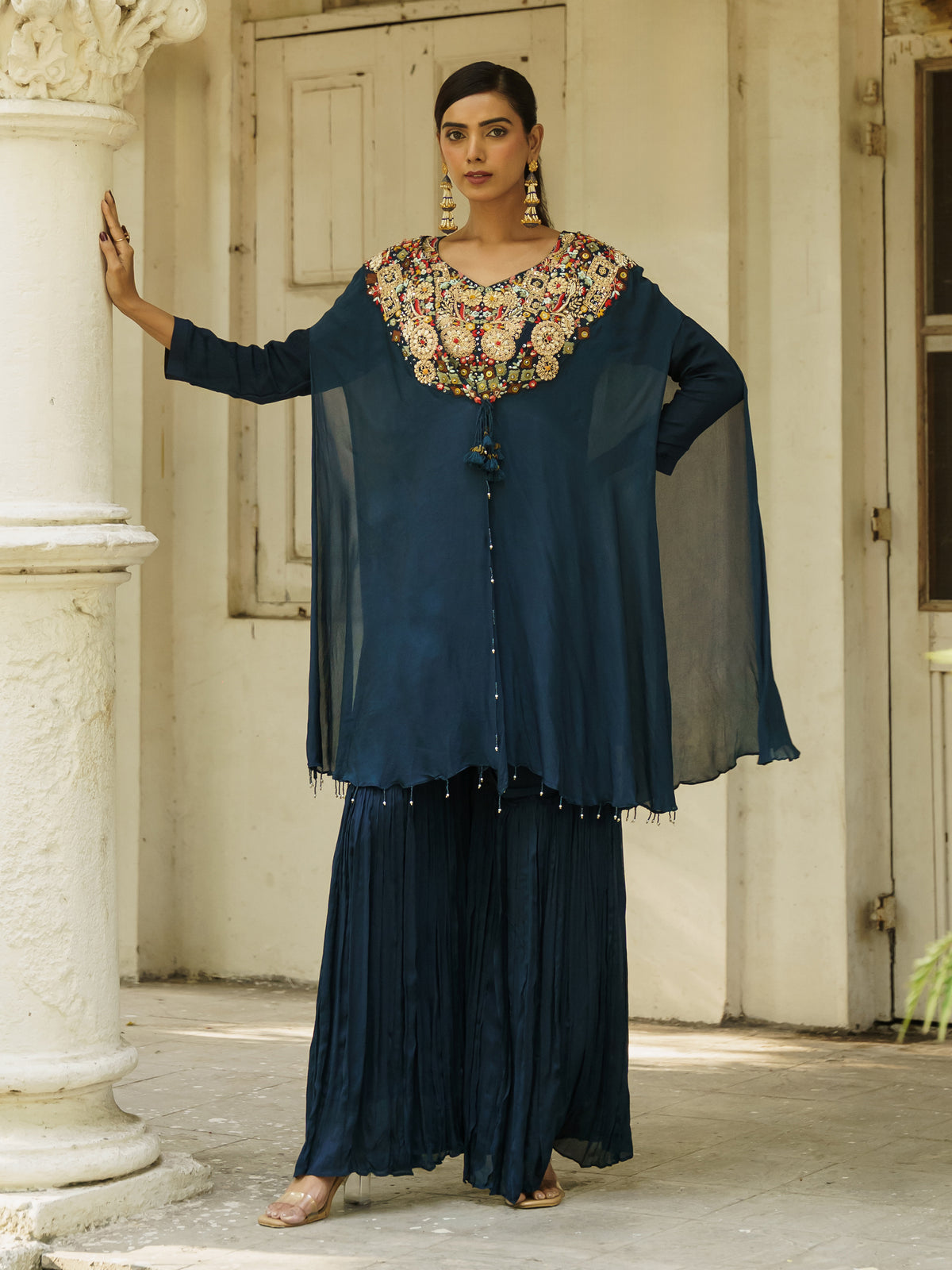 Anvika Navy Blue Pure Viscose Embroidered Sharara Suit Set with Matching Shrug