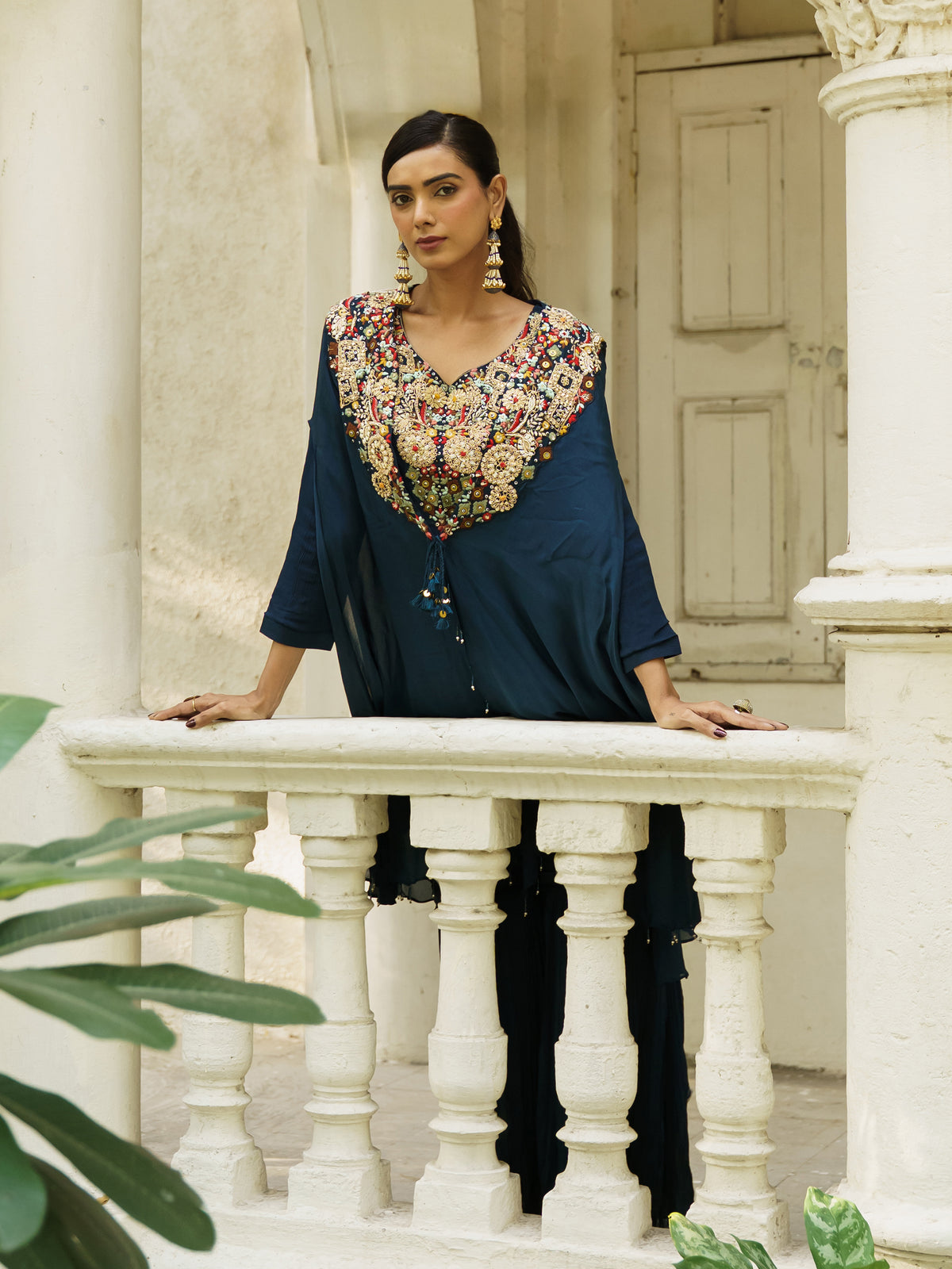 Anvika Navy Blue Pure Viscose Embroidered Sharara Suit Set with Matching Shrug