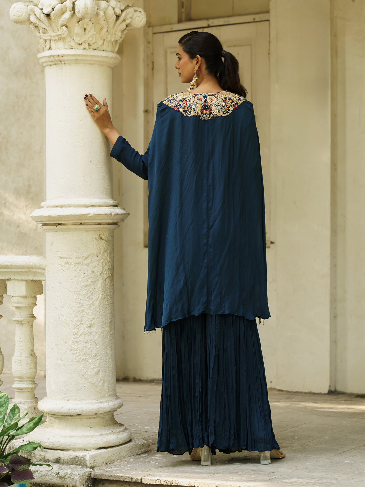 Anvika Navy Blue Pure Viscose Embroidered Sharara Suit Set with Matching Shrug